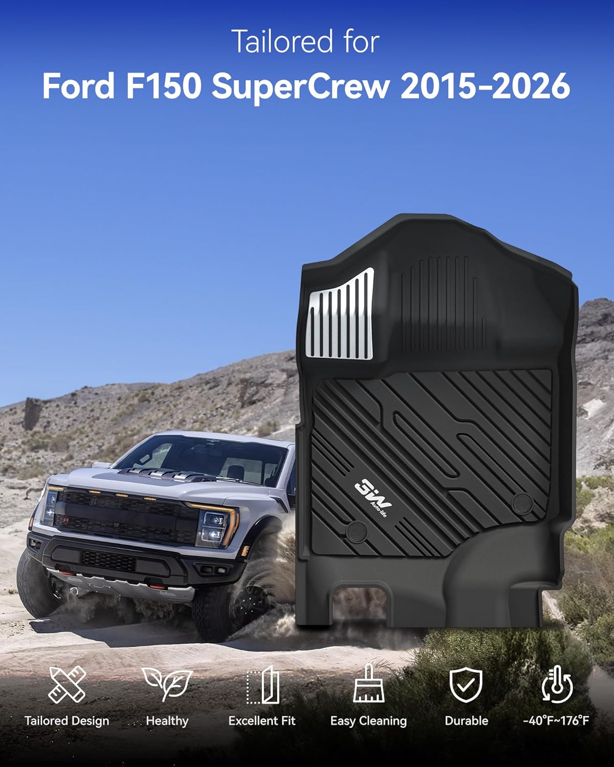 Detalle de 3W Floor Mats with Metal Pedals & Box Mat for Ford F-150 (2015-2026) and F-150 Lightning (2022-2025) – Custom-Fit All-Weather TPE Interior Accessories
