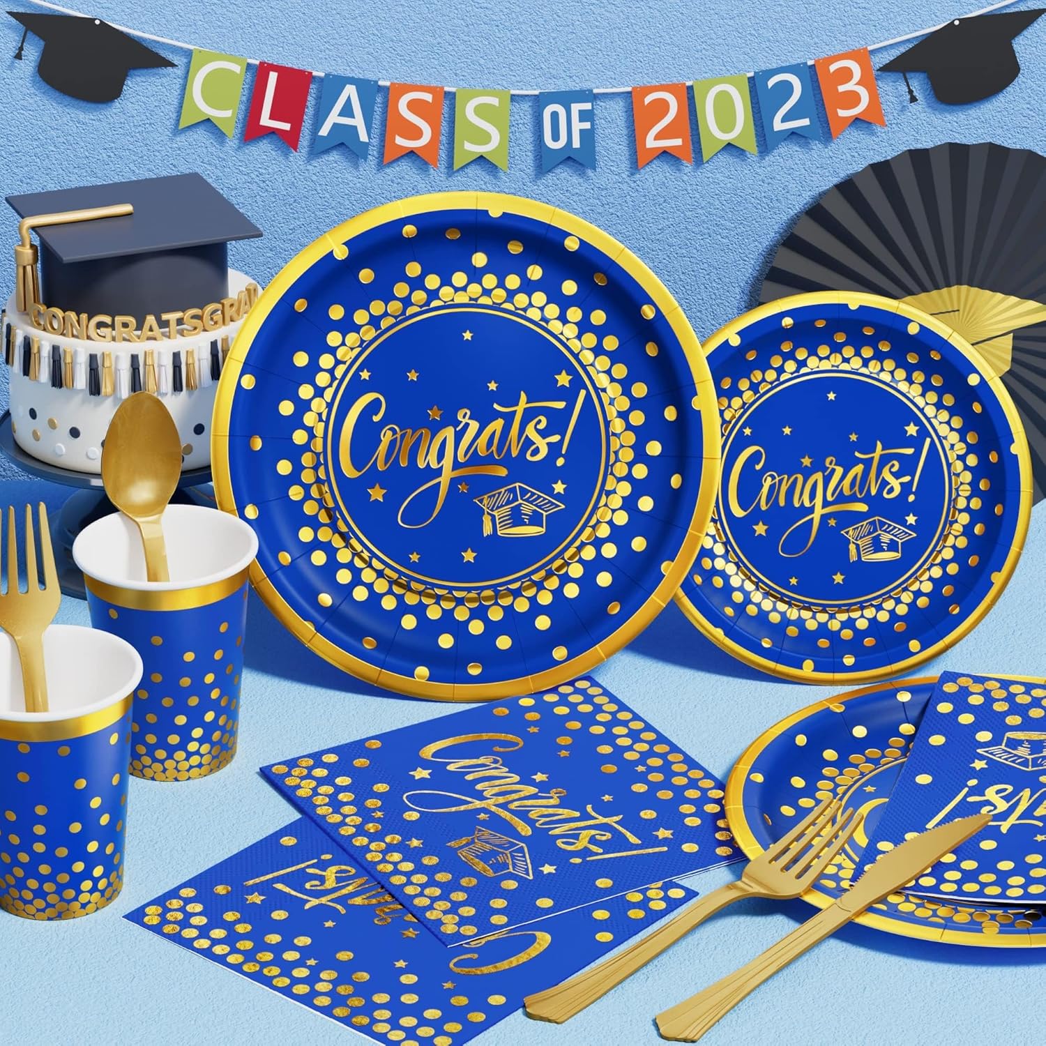 Thumbnail 2 de Ecomore 2026 Graduation Party Decoration - 350 Pcs Blue Gold Disposable Dinnerware Set for Class of 2026