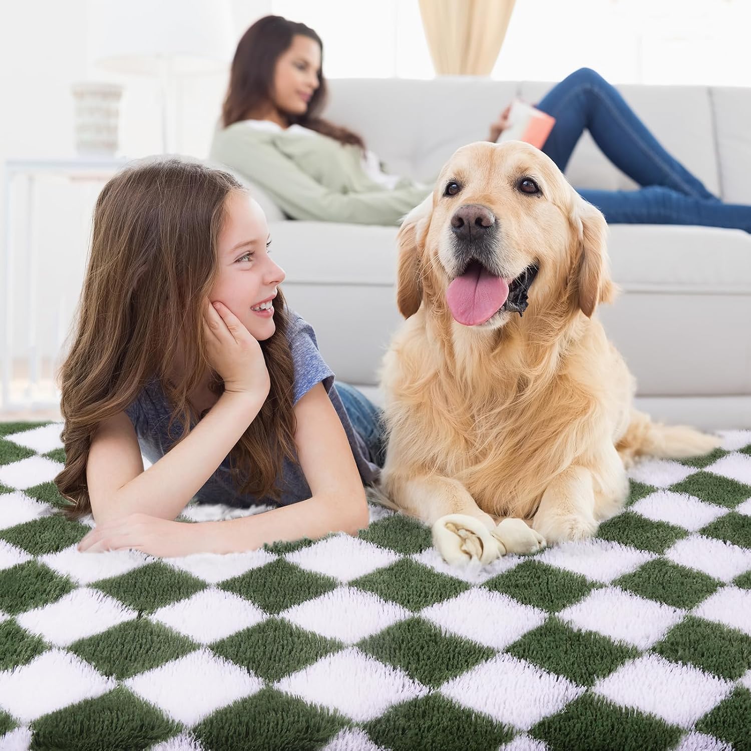 Thumbnail 4 de FVVRAX Checkered Shaggy Rug 200x300cm in Olive Green & White