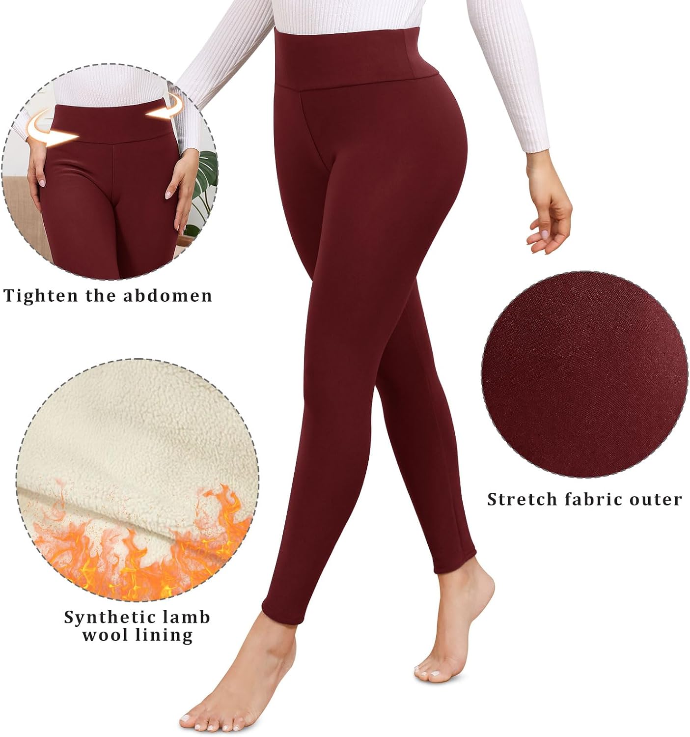 Detalle de Vorvowry Women's Thermal Leggings with Fleece Lining and High Waistband