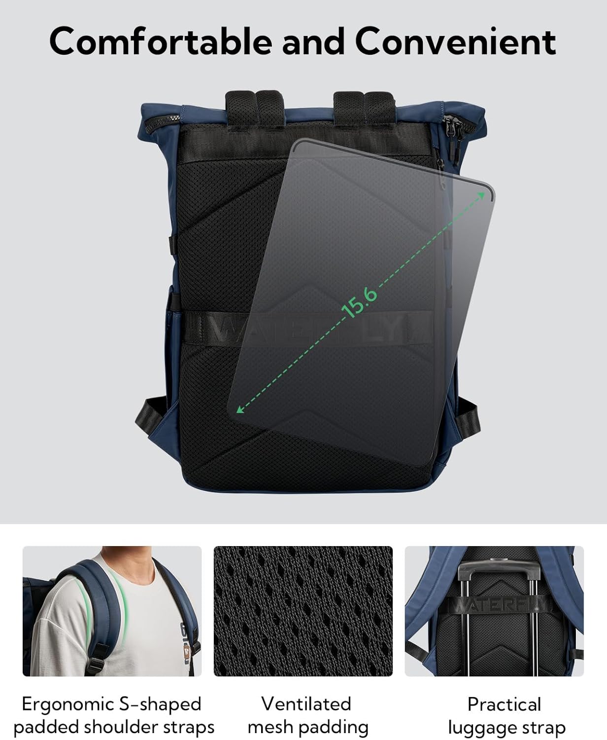 Detalle de WATERFLY Rolltop Rucksack Unisex (16L–21L) mit 16-Zoll-Laptopfach – Rollrucksack für Schule, Uni & Reisen