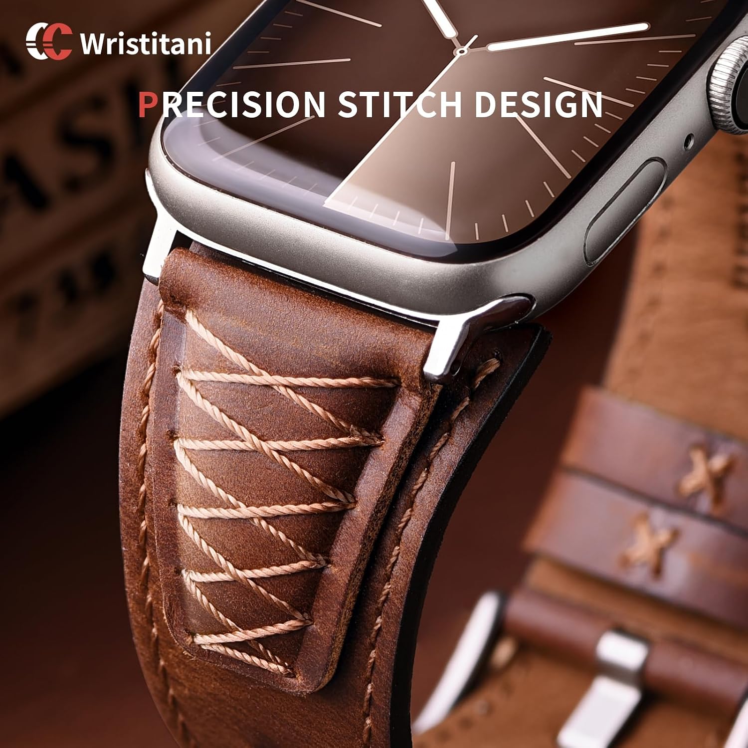 Detalle de Bracelets en cuir Wristitani pour Apple Watch 44–49 mm — cuir véritable et design maillé, haut de gamme