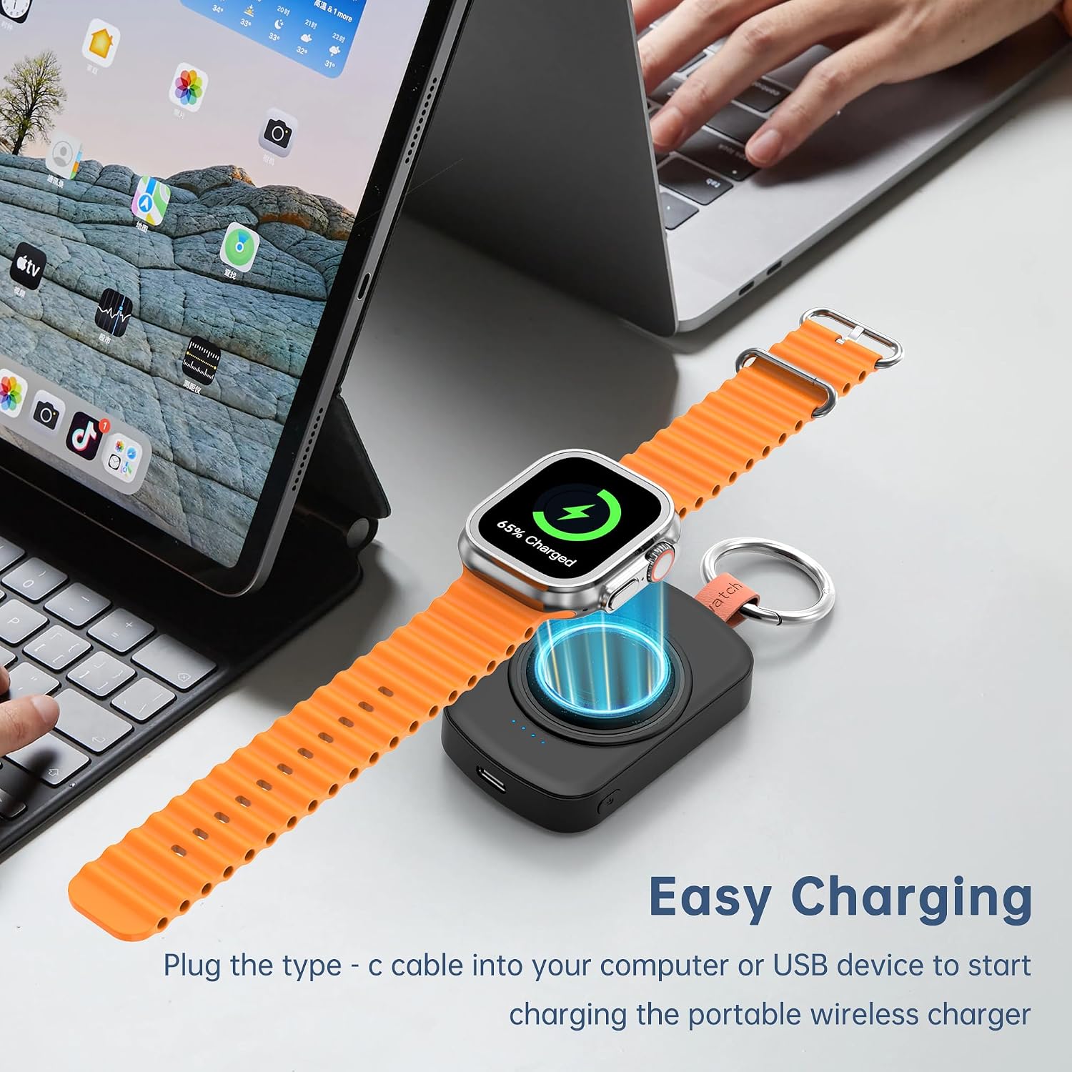 Detalle 2 de Portable Charger for Apple Watch (1800mAh) with Keychain Travel Charger and Magnetic Fast Charging, Black