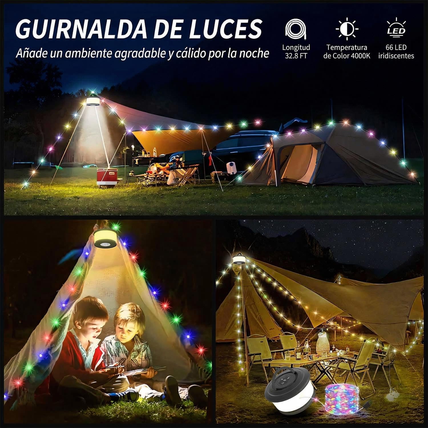 Detalle 2 de Zocelight L26-Black 2-in-1 Camping String Lights, 19 Modes, Black