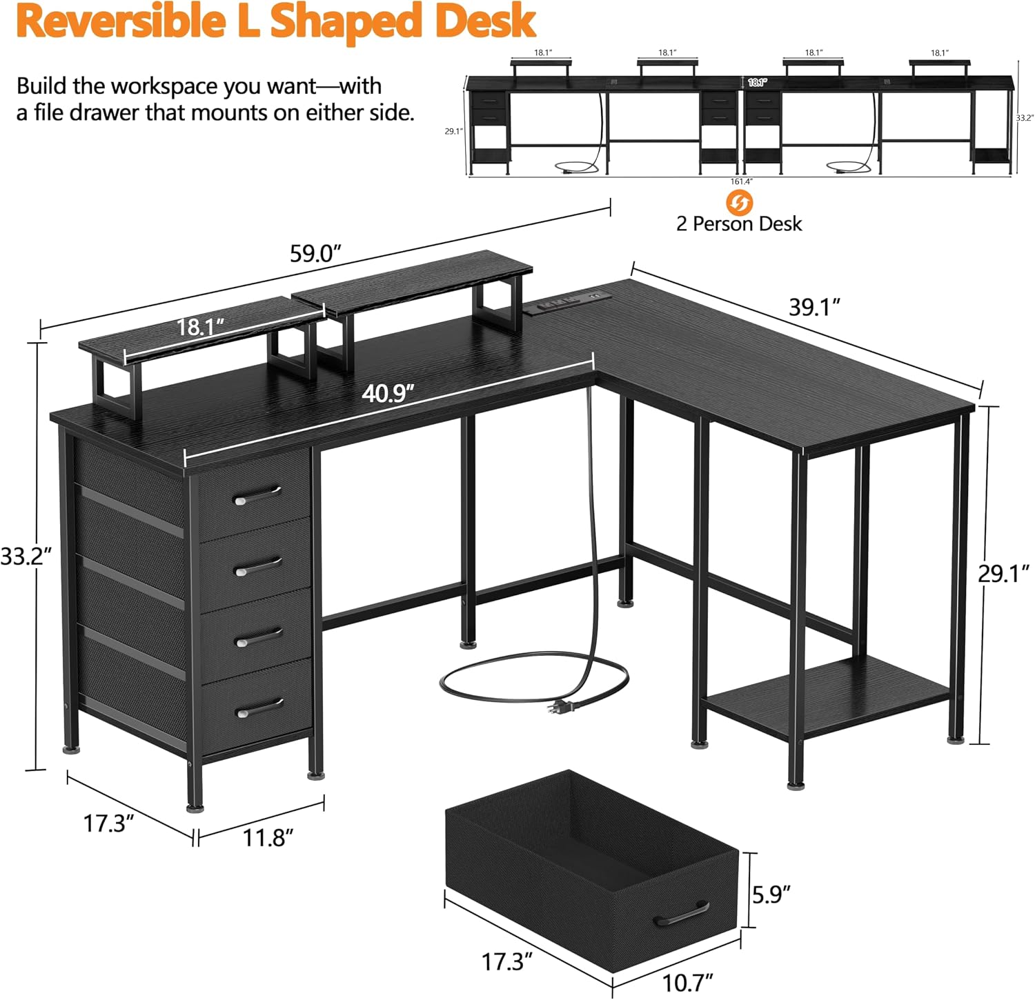 Thumbnail 2 de Korfile CD-026 L-Shaped Computer Desk, 59-Inch, Reversible with Charging Ports
