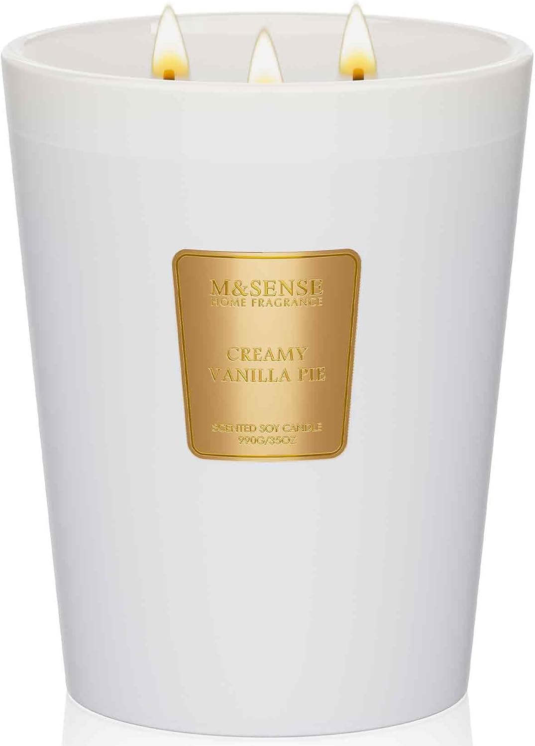 Detalle de M&SENSE Creamy Vanilla Pie Soy Candle, 35oz 3-Wick — Large Jar, 150-Hour Burn, Non-Toxic