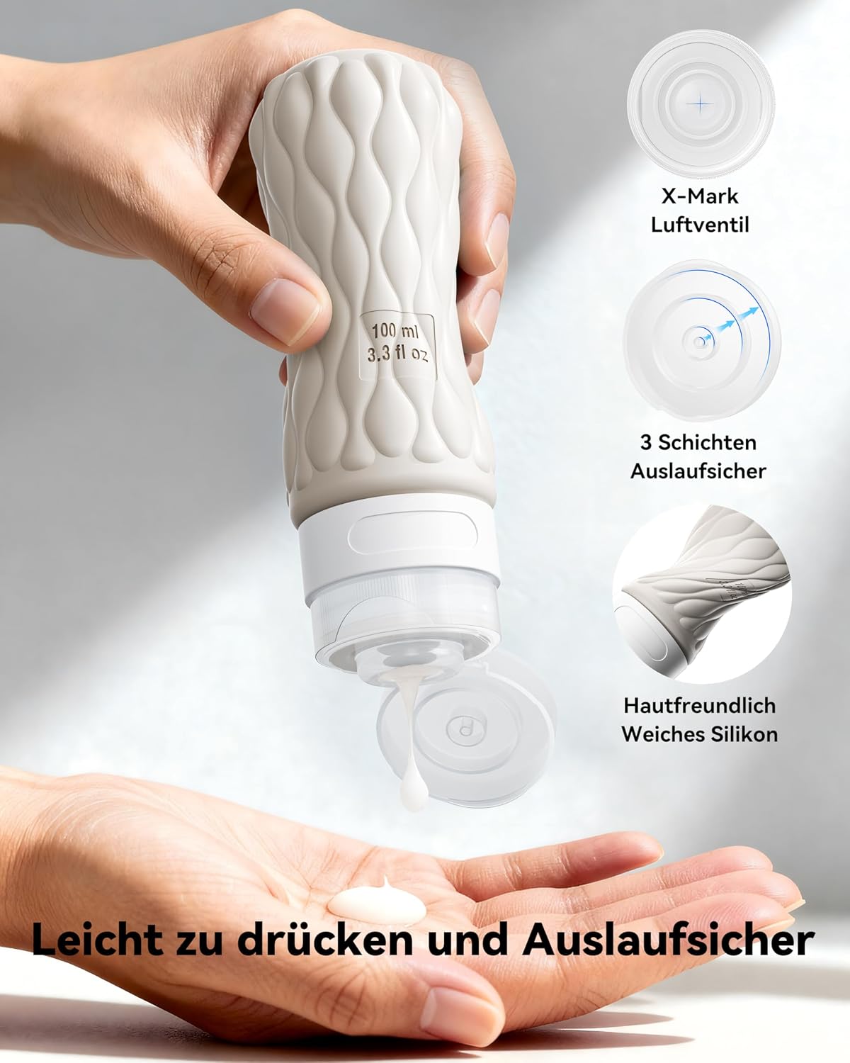 Detalle de Lericttor 4-tlg. Silikon Reiseflaschen-Set 100 ml mit Etiketten – Tropfsicher, wiederbefüllbar
