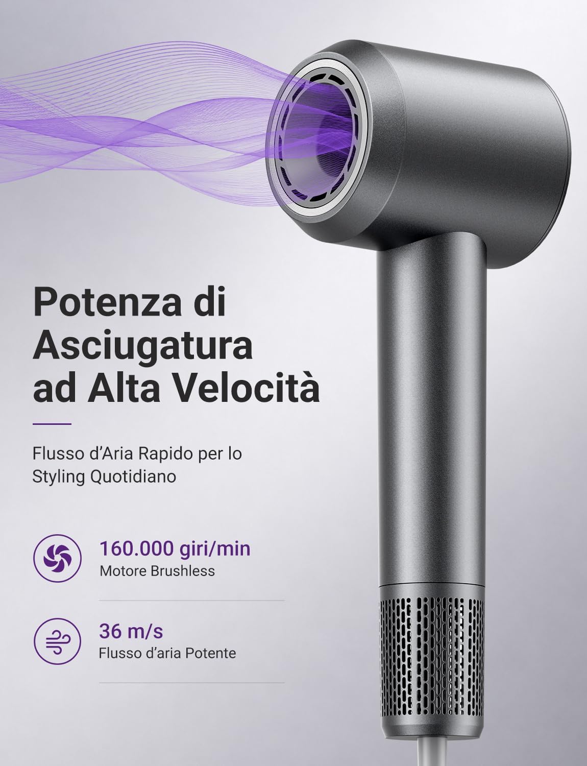 Detalle de LORVENA Asciugacapelli Ionico ad Alta Velocità 1600W con Diffusore – 12 Modalità, Diffusore e concentratore