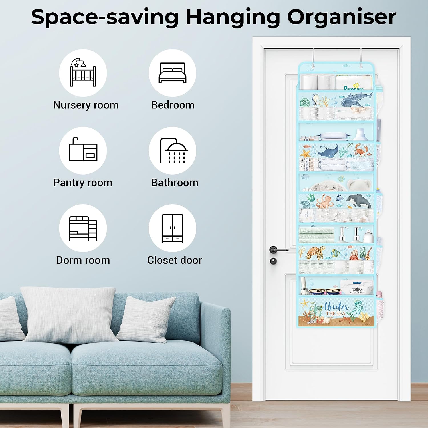 Detalle de Clastyle Ocean Animals over the Door 5-Tier Hanging Storage Organiser (Turtle) – Nursery, Bathroom & Bedroom Use