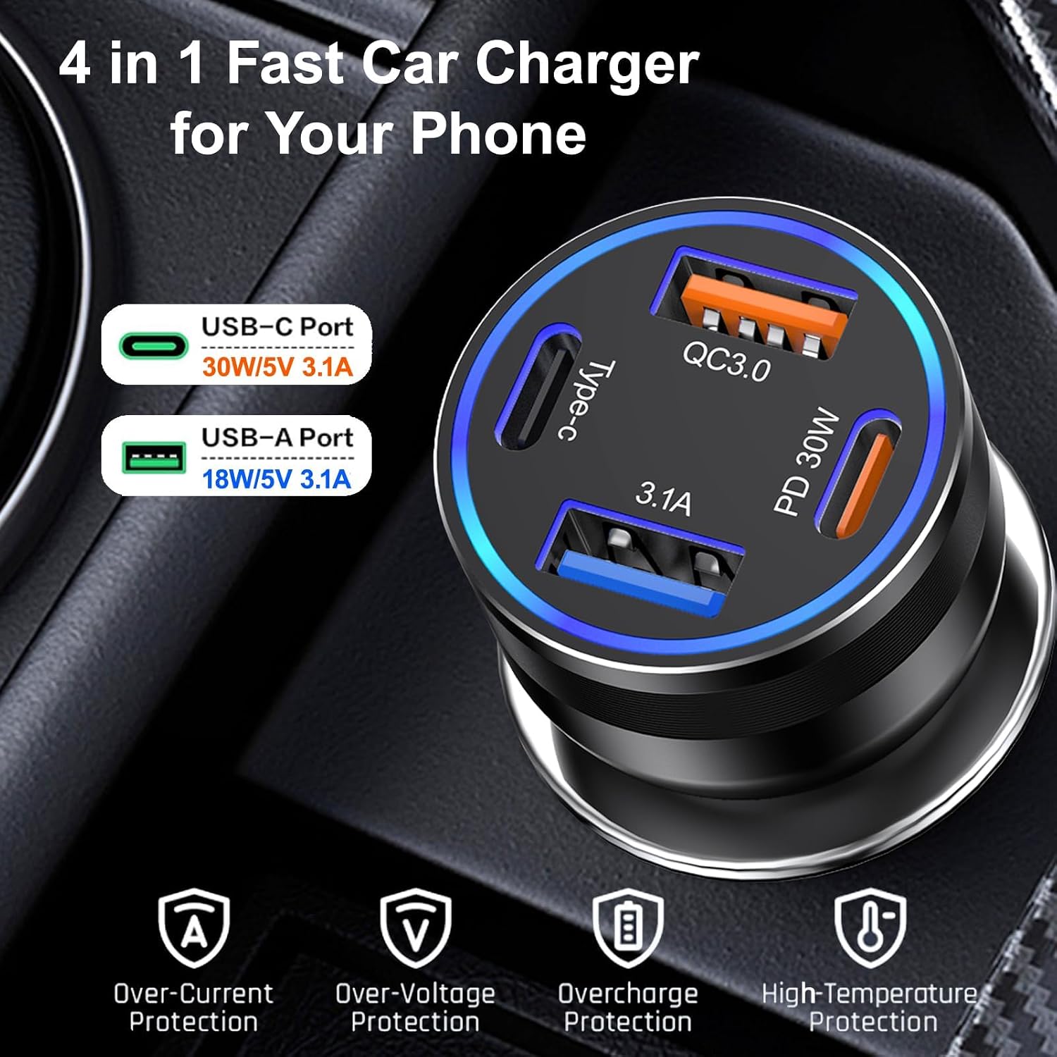 Detalle de Avatcen USB-C car charger, 4-port