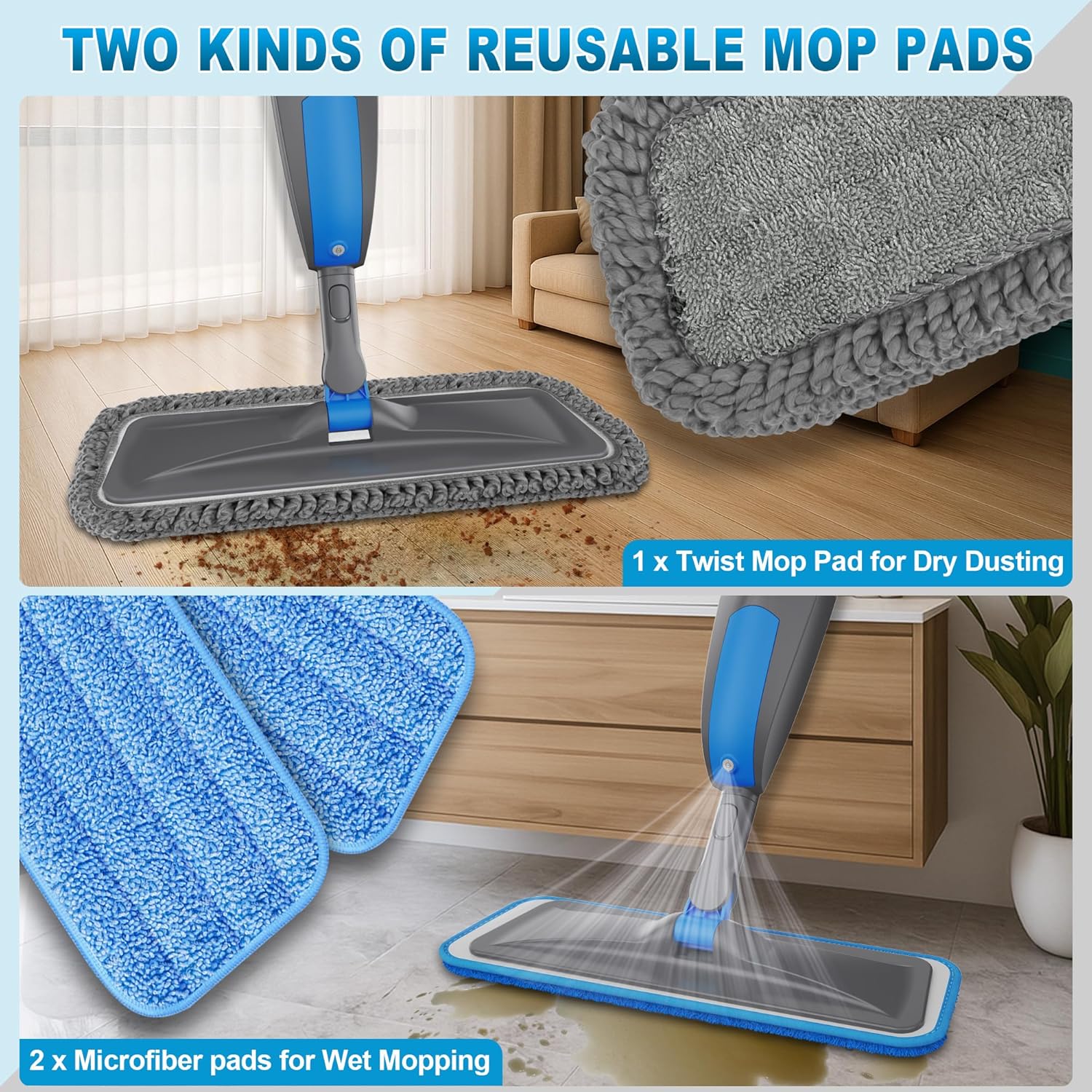 Detalle 2 de BPAWA Spray Mop with 550ml Refillable Bottle and Washable Microfiber Pads