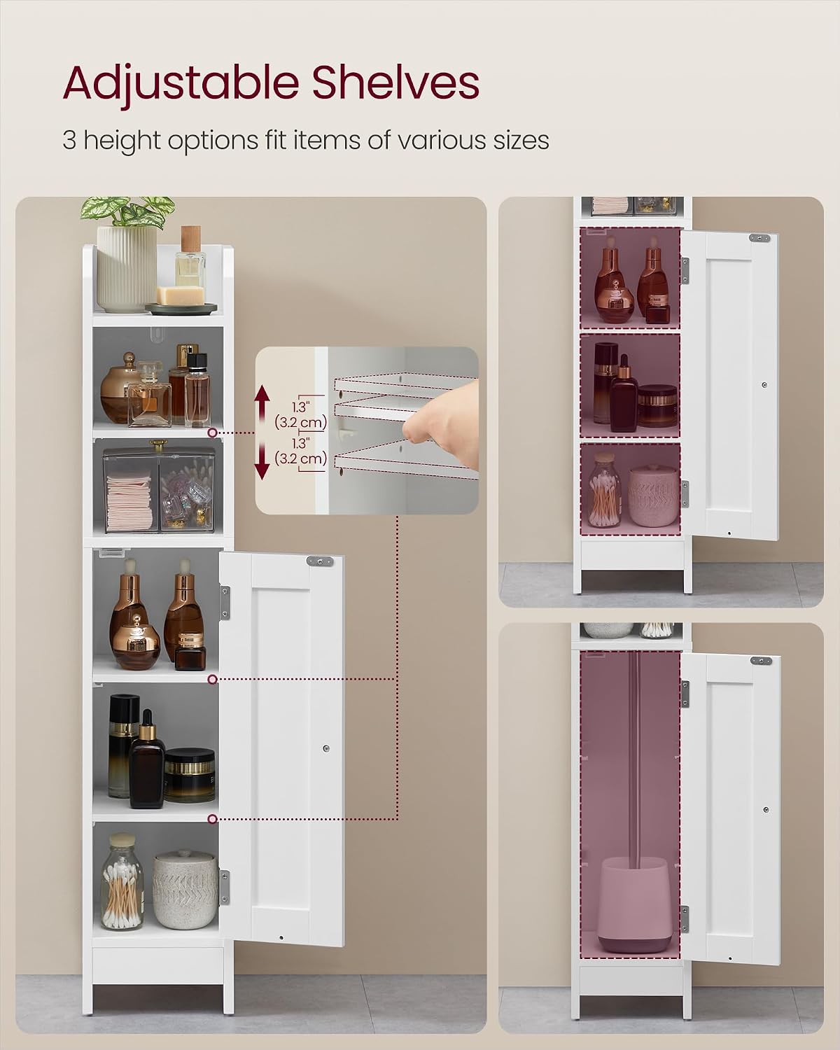 Detalle 1 de VASAGLE SIREN BBC311W01 Slim Bathroom Cabinet, Cloud White, Adjustable Shelves