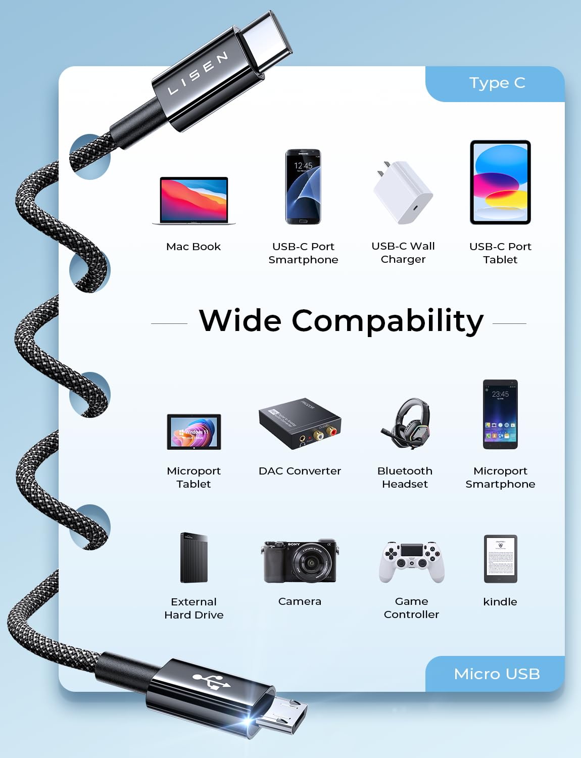 Thumbnail 6 de LISEN USB C to Micro USB Cable 3.3FT for PS4