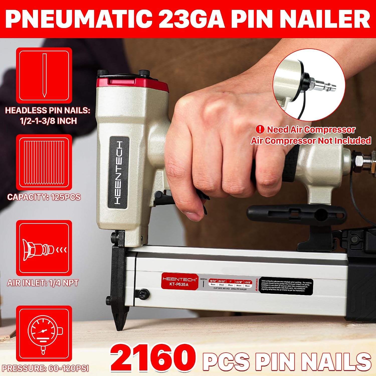 Detalle 2 de KEENTECH KT-P635A 23-Gauge Pneumatic Pin Nailer with 2,160 Pins
