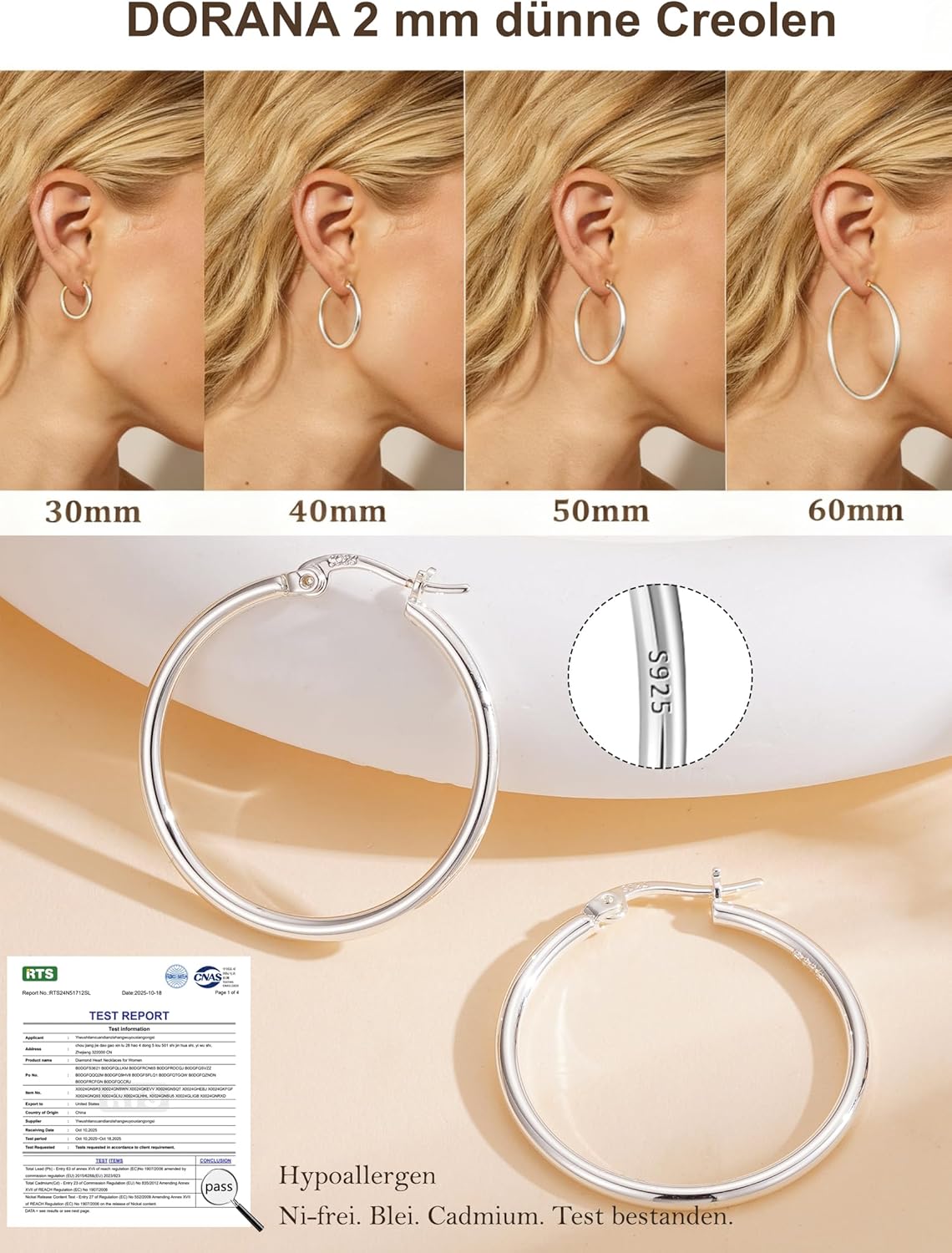 Thumbnail 2 de DORANA 2-mm große Creolen für Damen aus 925er Sterlingsilber (hypoallergen, nicht anlaufend) – Durchmesser 20 bis 70 mm