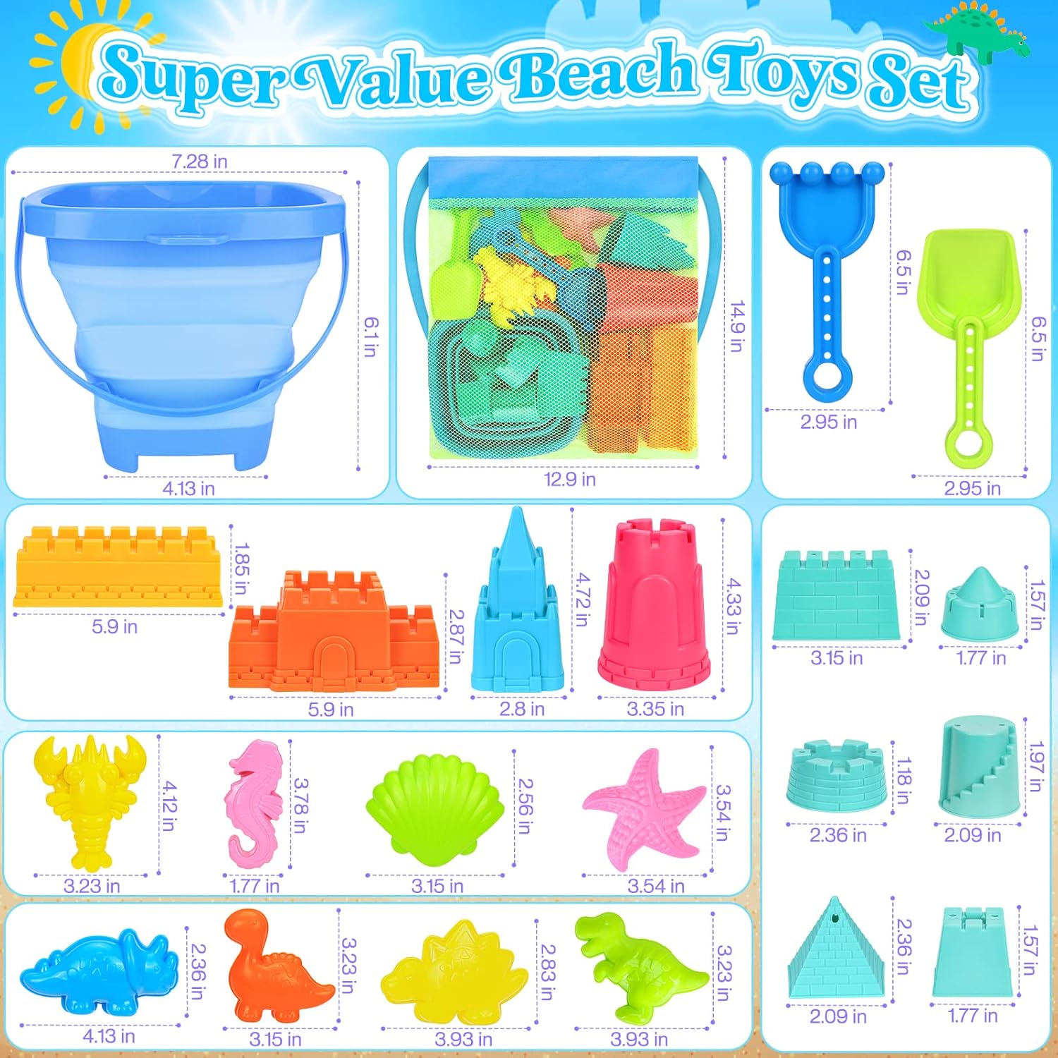 Thumbnail 6 de Collapsible Beach Toys for Kids Toddlers: 22-Piece Packable Sand Toy Set with Mesh Bag