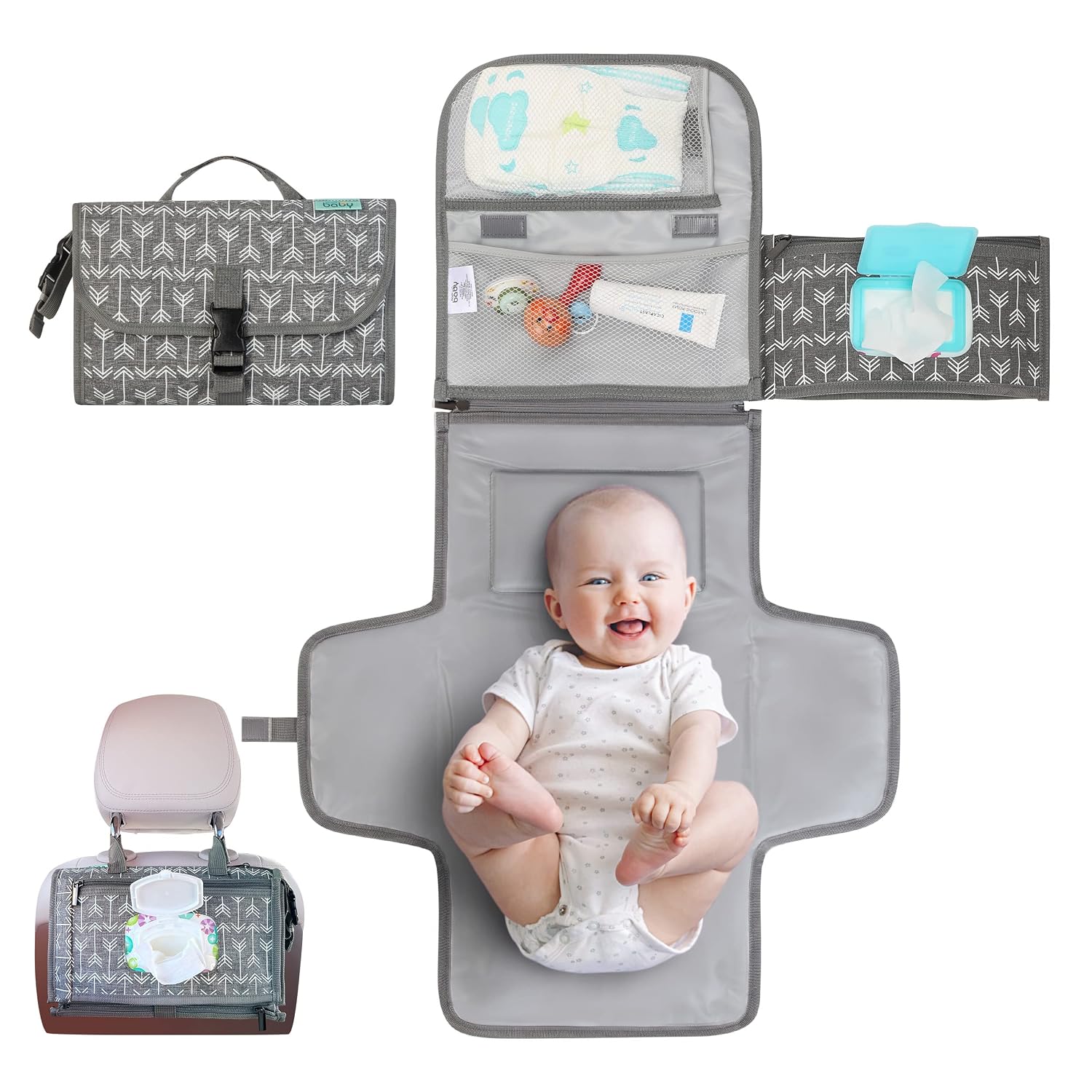 Kopi Baby Portable Diaper Changing Pad, 22-Inch Waterproof, Classic Grey Arrows