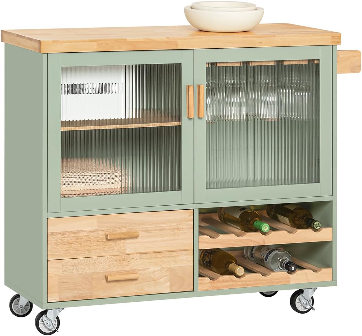 SoBuy FKW114-GR desserte de cuisine sur roulettes avec plan de travail en bois, rangement vert et naturel