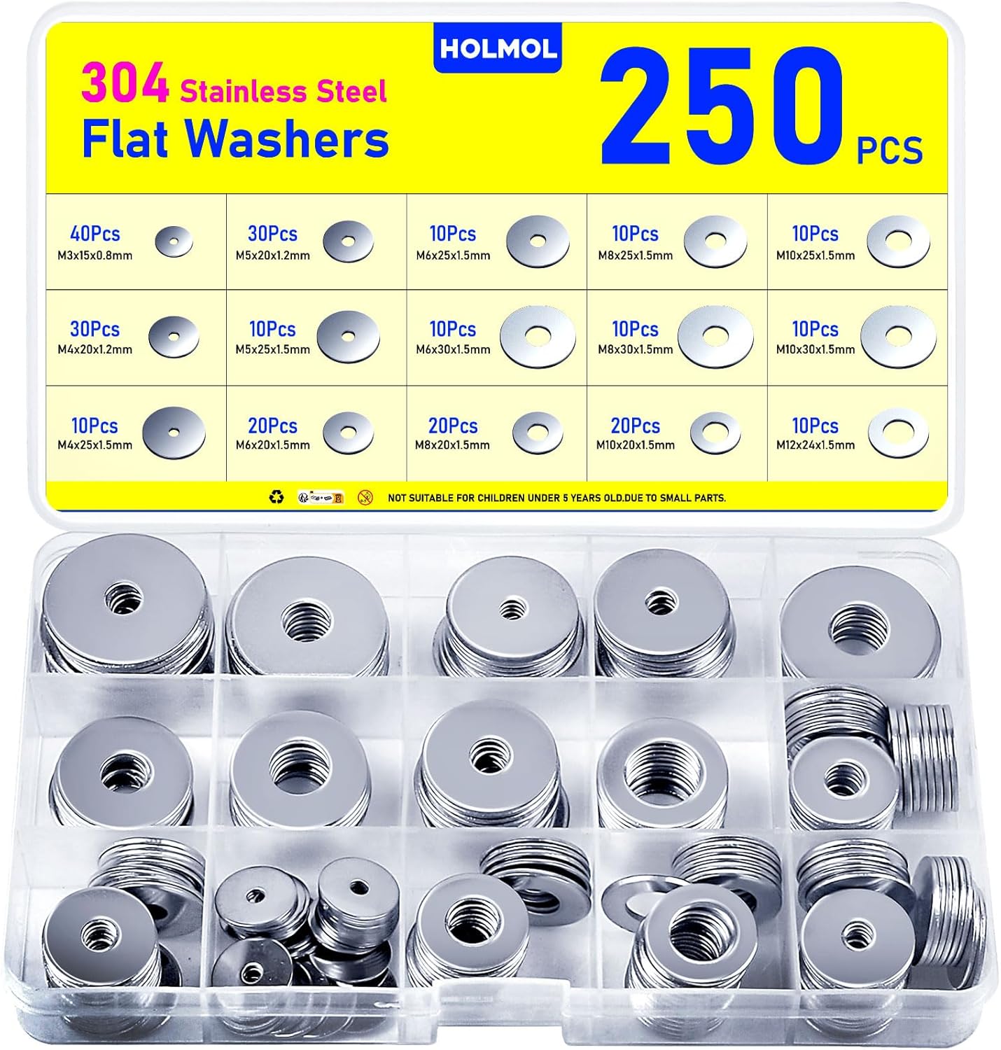 HOLMOL Flat Penny Washers 250 pcs — Stainless Steel