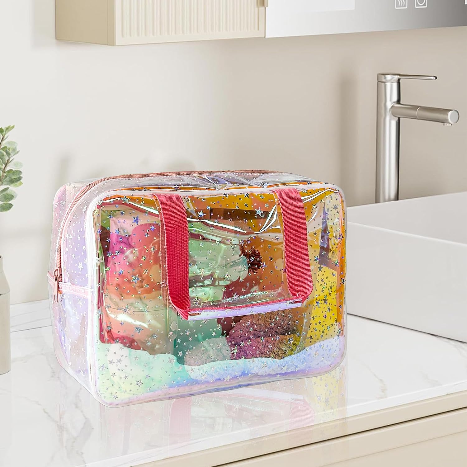 Detalle 1 de TotePrint Clear Star Print Cosmetic Bag (PVC Waterproof) – Holographic Pink, 30 x 13 x 21.6 cm