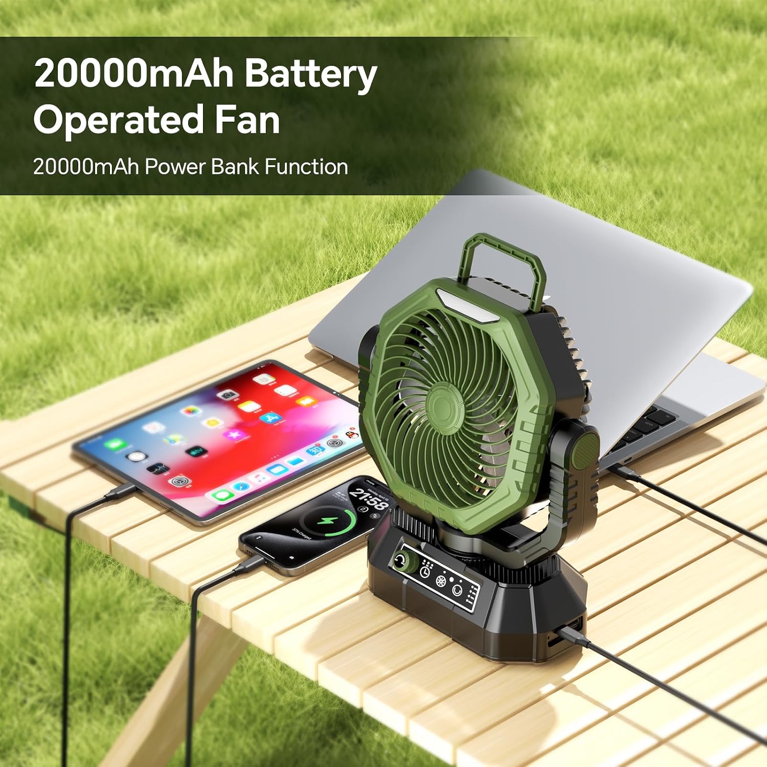 Detalle de Camping Fan with 20000mAh Battery, LED Light & 270° Tilt – Green