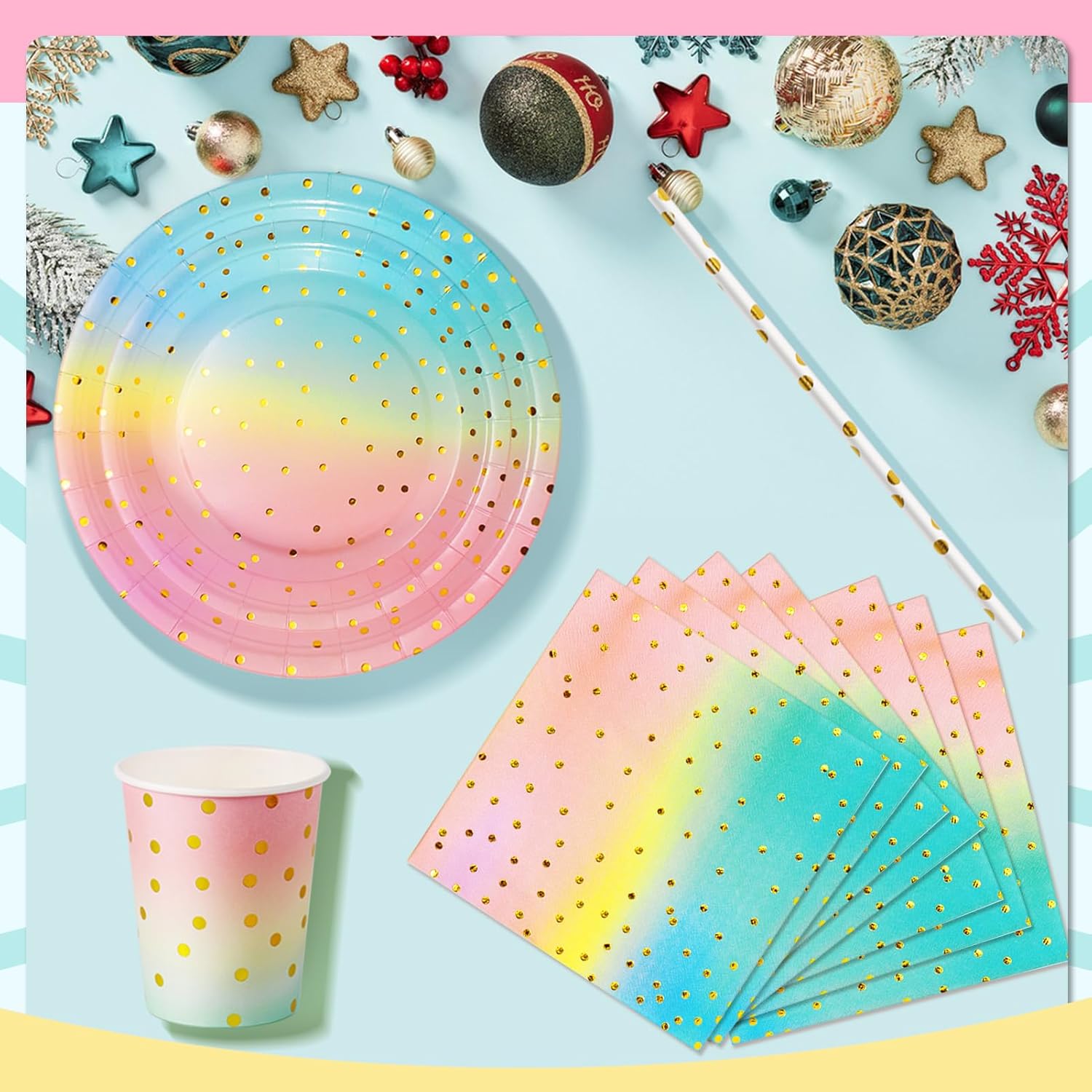 Thumbnail 2 de Nkaiso Partygeschirr-Set Regenbogen, 120-teilig (bis zu 24 Gäste) – Papier-Partygeschirr für Kindergeburtstag & Feiern