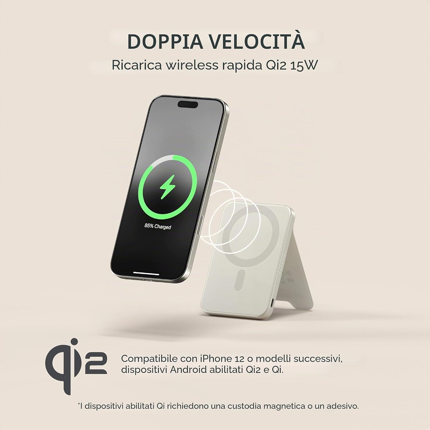 Detalle de SATECHI OntheGo Power Bank MagSafe 5000mAh – Batteria Esterna Qi2 con Supporto Integrato, Ricarica 15W (Beige)