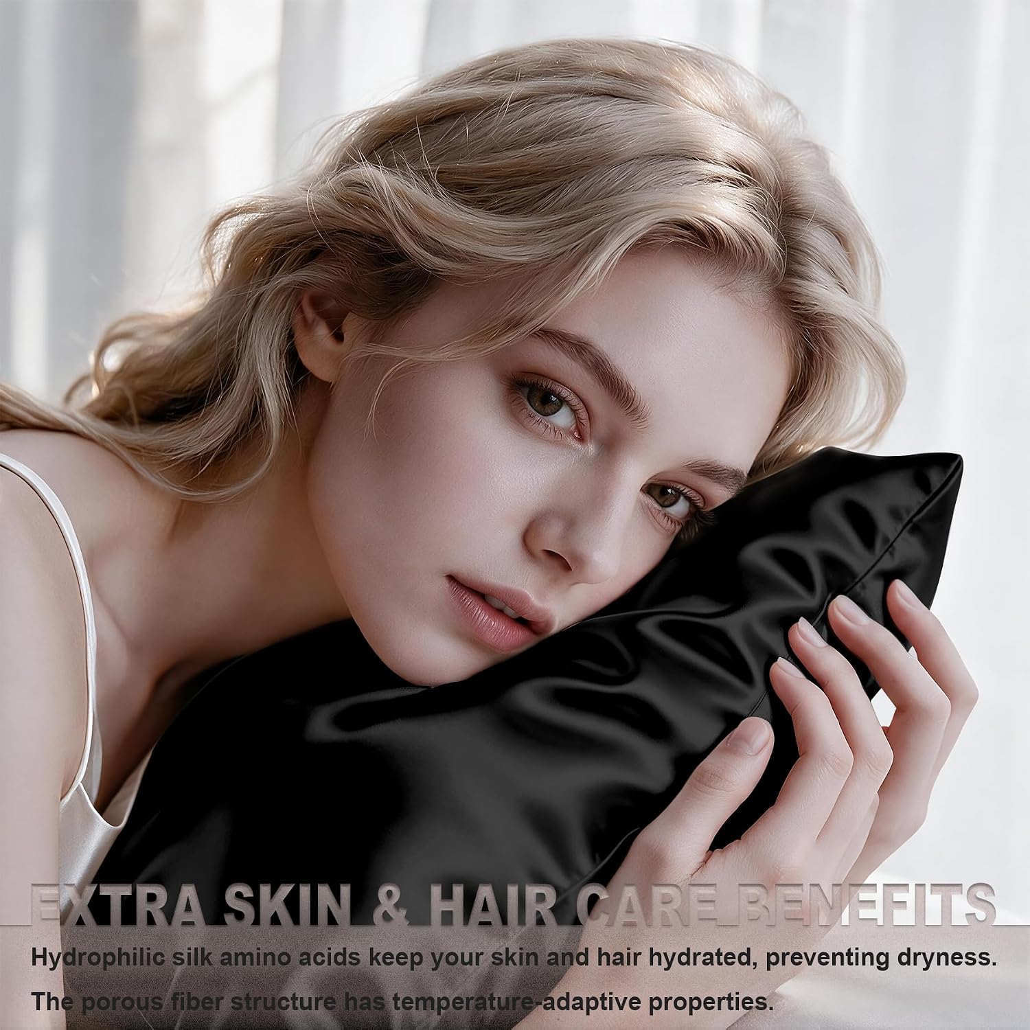 Detalle de LYSHIN 19 Momme Mulberry Silk Pillowcase, Standard Size, Black with Hidden Zipper