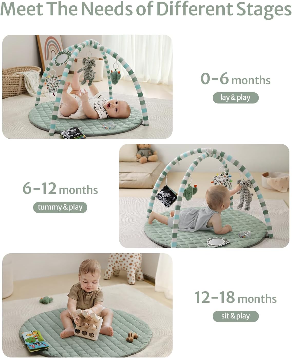 Thumbnail 4 de Blissful Diary Baby Play Gym Mat, Sage Green – Tummy Time Activity Mat with 6 Detachable Toys