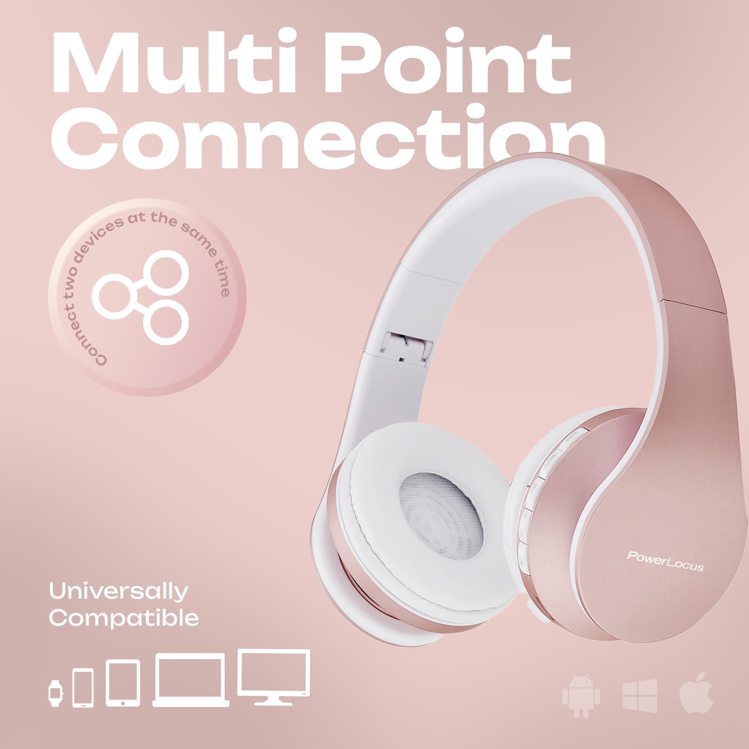 Thumbnail 6 de PowerLocus Wireless Bluetooth Over-Ear Headphones (Rose Gold) – Foldable, Noise Cancelling with Built‑in Microphone