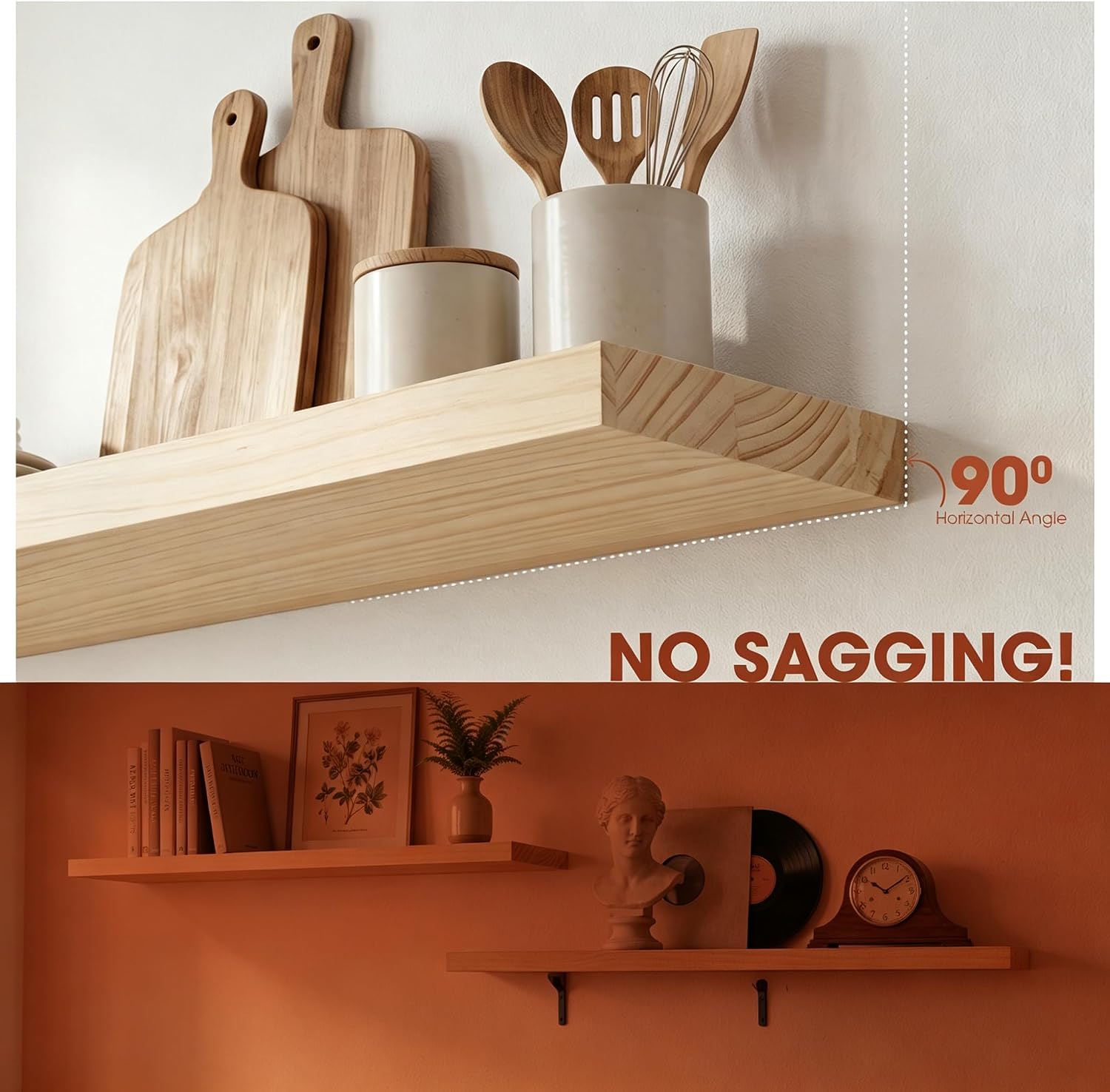 Detalle de SenlanMot Natural Pine Floating Shelves, Set of 2 with Hidden Brackets