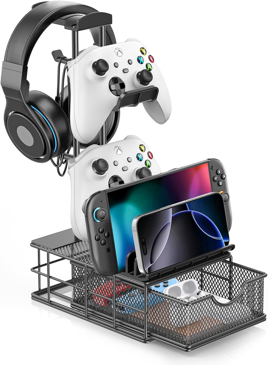 Detalle de KDD Soporte Auriculares Gaming con Cajón y Organizador de Cables – Barra de Aluminio, 2 Mandos y USB/Dispositivos