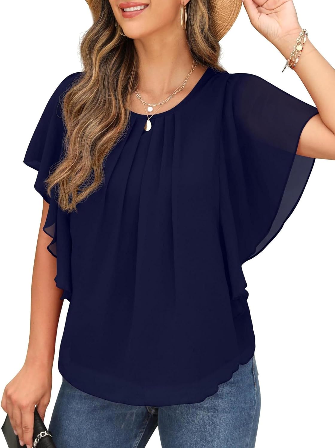 Detalle de QIXING Chiffon Kurzarmbluse Damen mit Batwing-Ärmeln – Sommertunika mit Rundhalsausschnitt