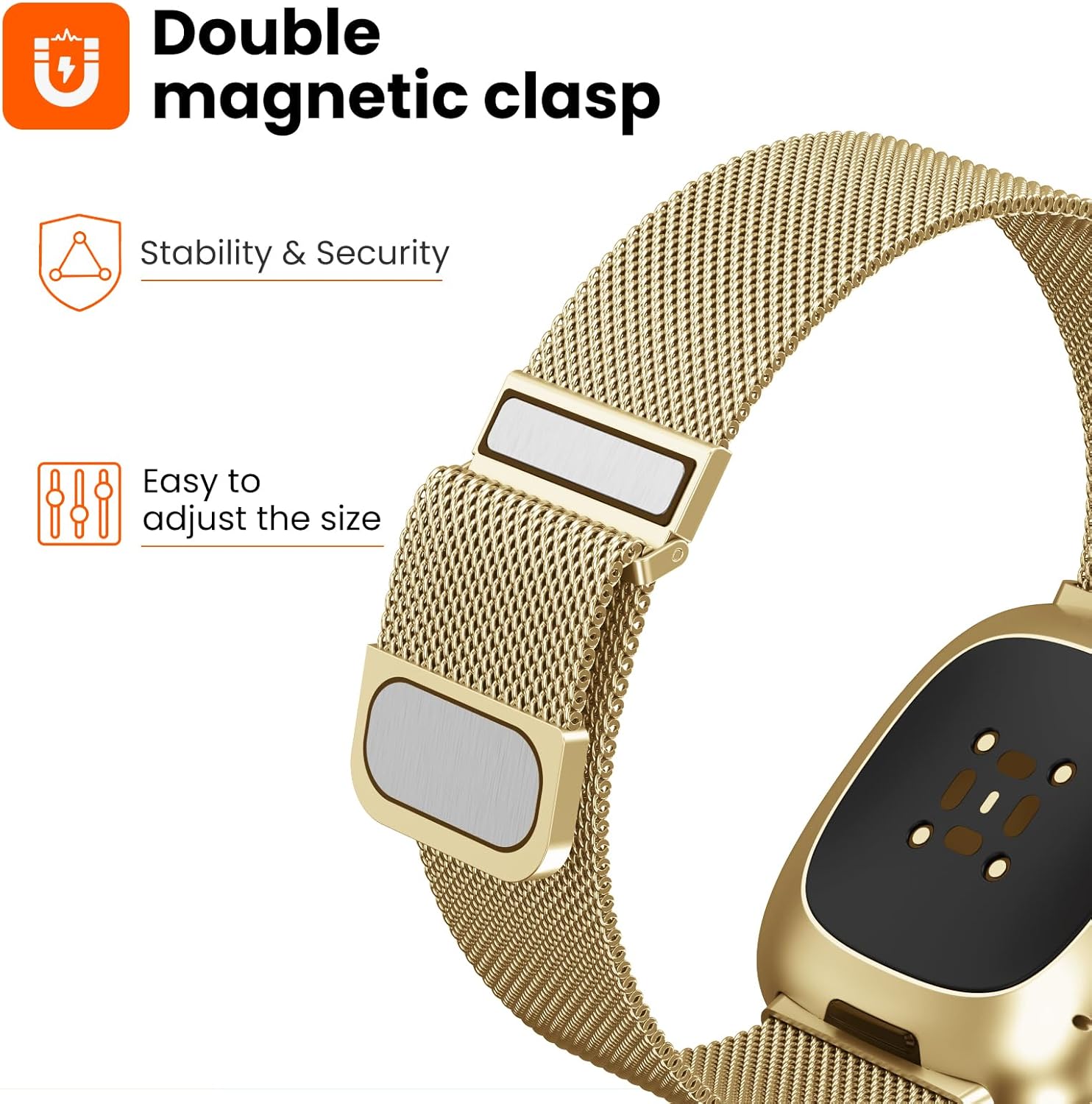Detalle de Yoohoo Straps for Fitbit Versa 3/4 and Sense 2 – Adjustable Stainless Steel with Double Magnetic Clasp (Gold)