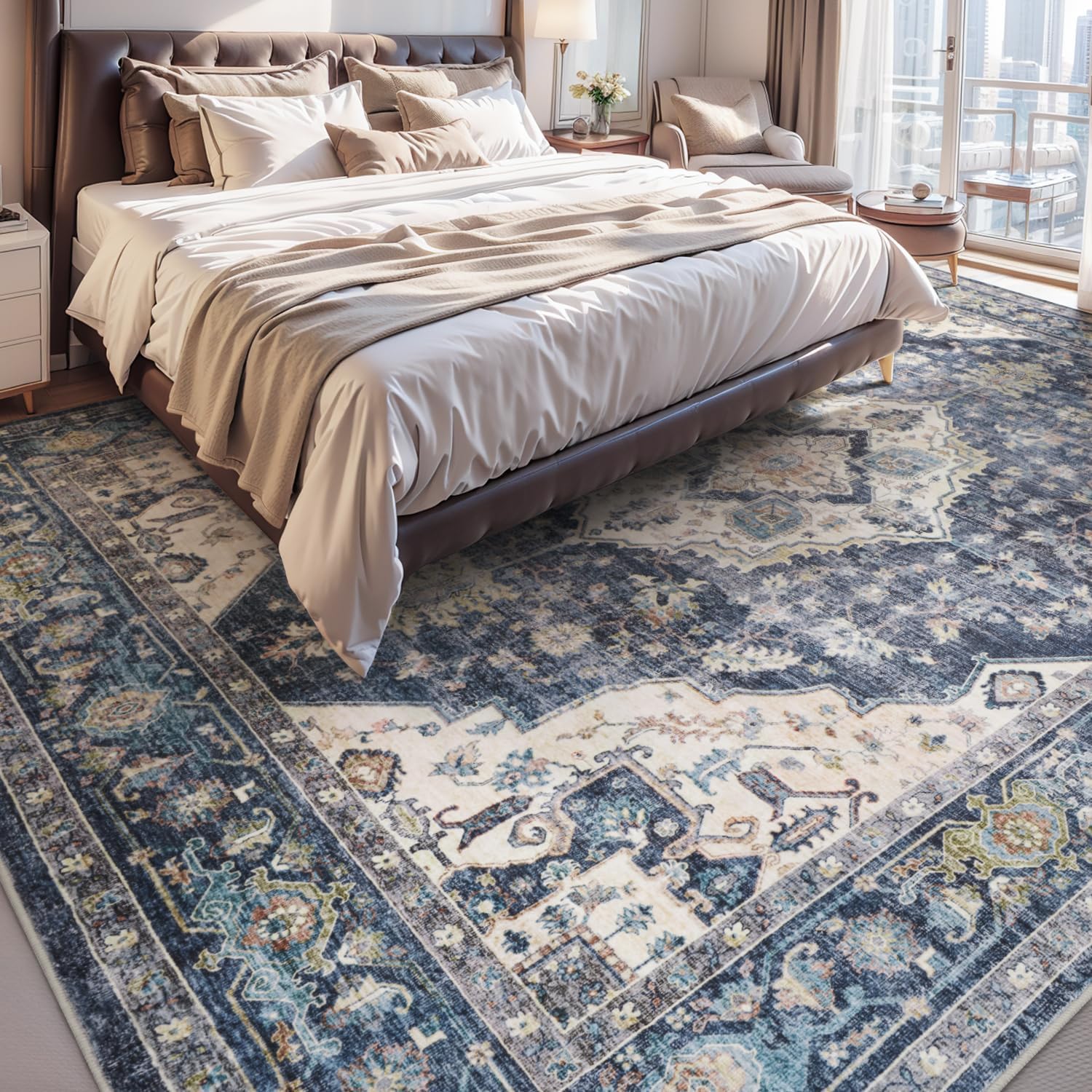 Thumbnail 1 de AMOAMI 9x12 Vintage Soft Blue Area Rug with Non-Slip Backing (Washable)