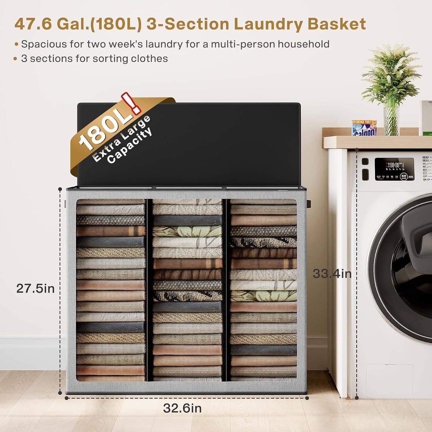 Detalle 2 de SOLEDI 180L Wäschekorb mit Deckel 3 Fächer