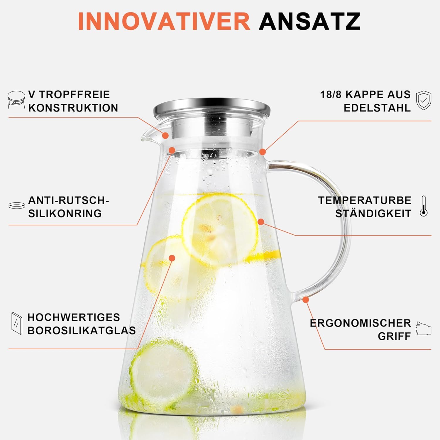 Detalle de SUSTEAS 2 Liter Glas-Karaffe mit Deckel – Schwenkkaraffe für Selbstgemachte Getränke