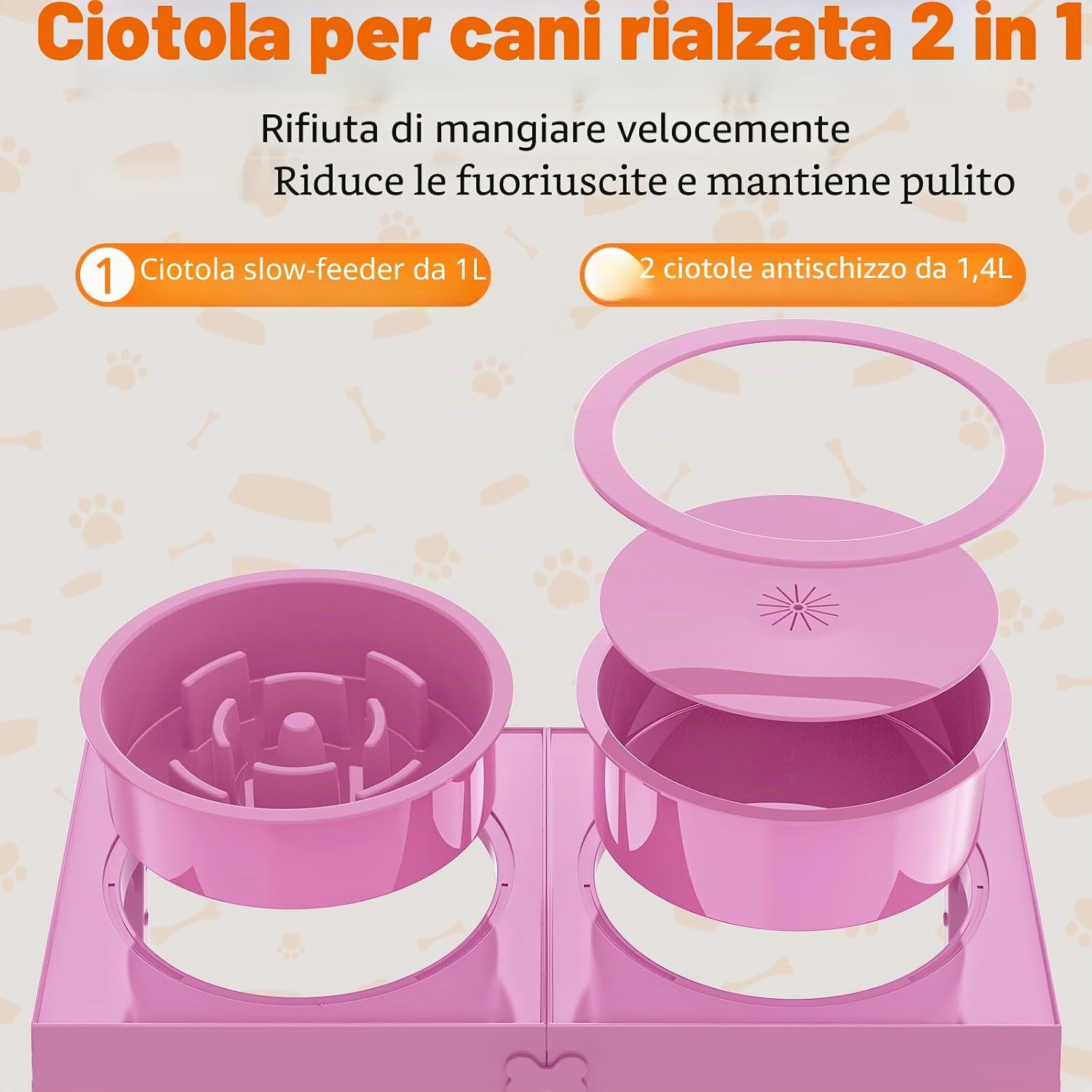 Detalle de X XBEN 3-in-1 Ciotole per Cani Rialzate con 5 Altezze Regolabile, 1L + 1,4L – Rosa