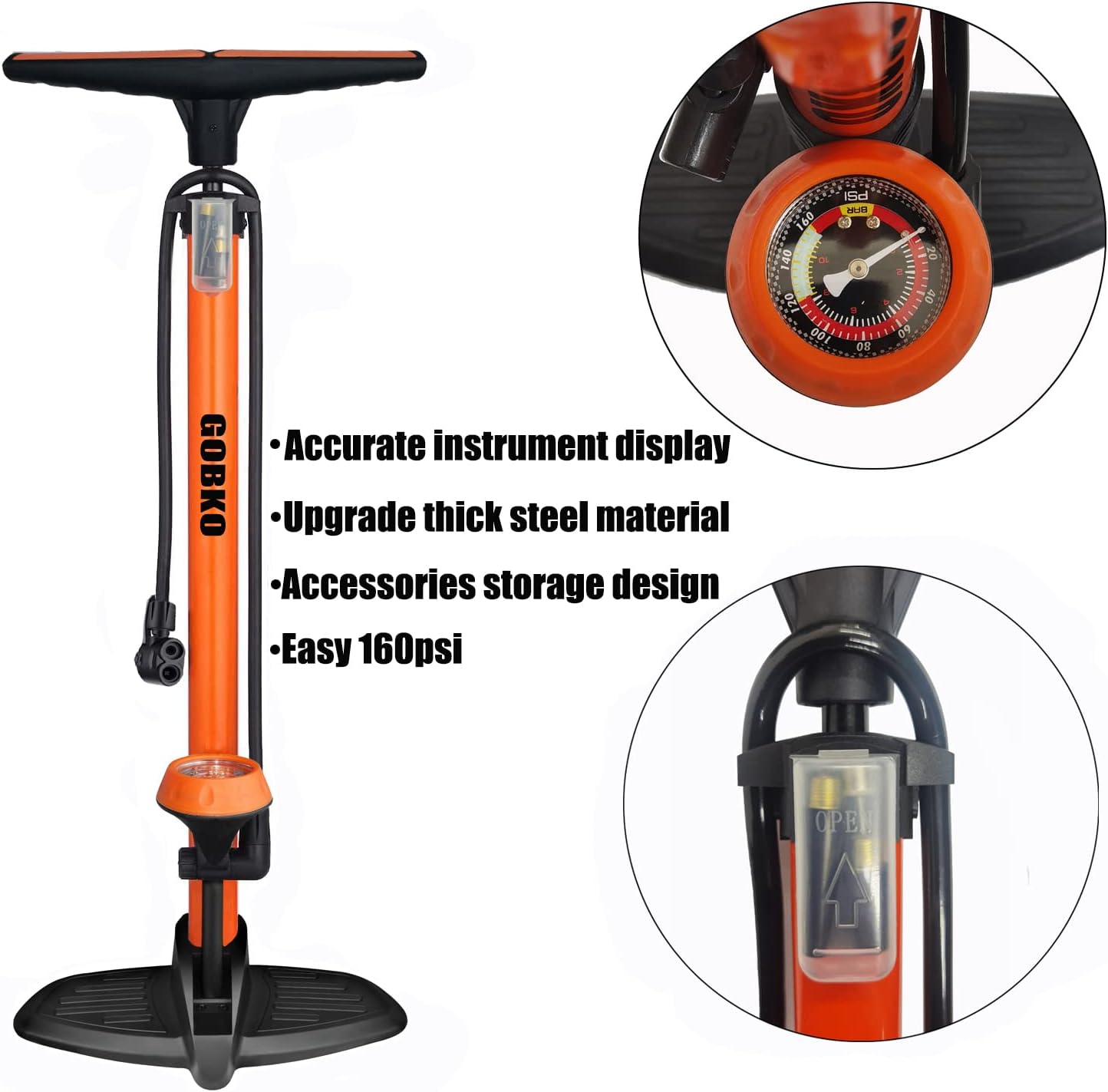 Detalle de GOBKO Fahrradpumpe Luftpumpe mit Manometer – Presta/Schrader bis 160 PSI (11 Bar)