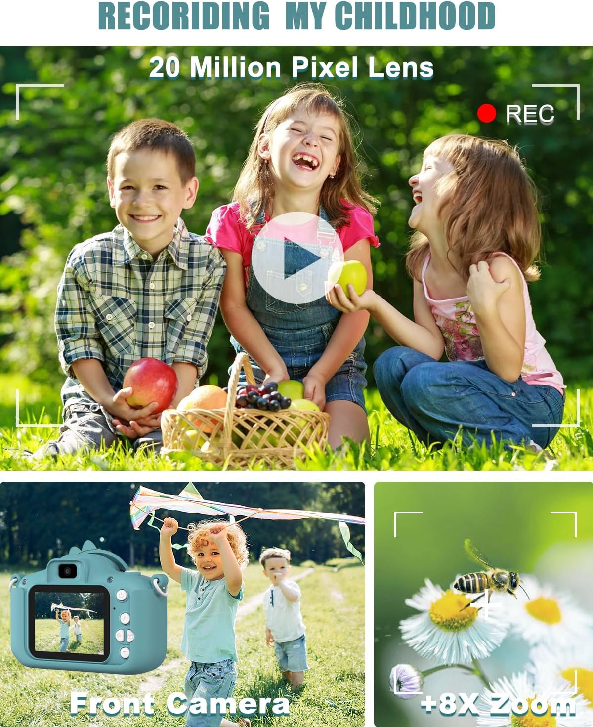 Detalle de Hangrui Kids Camera (Dark Green) – 20MP dual-lens digital camcorder with 2-inch IPS screen, 32GB card