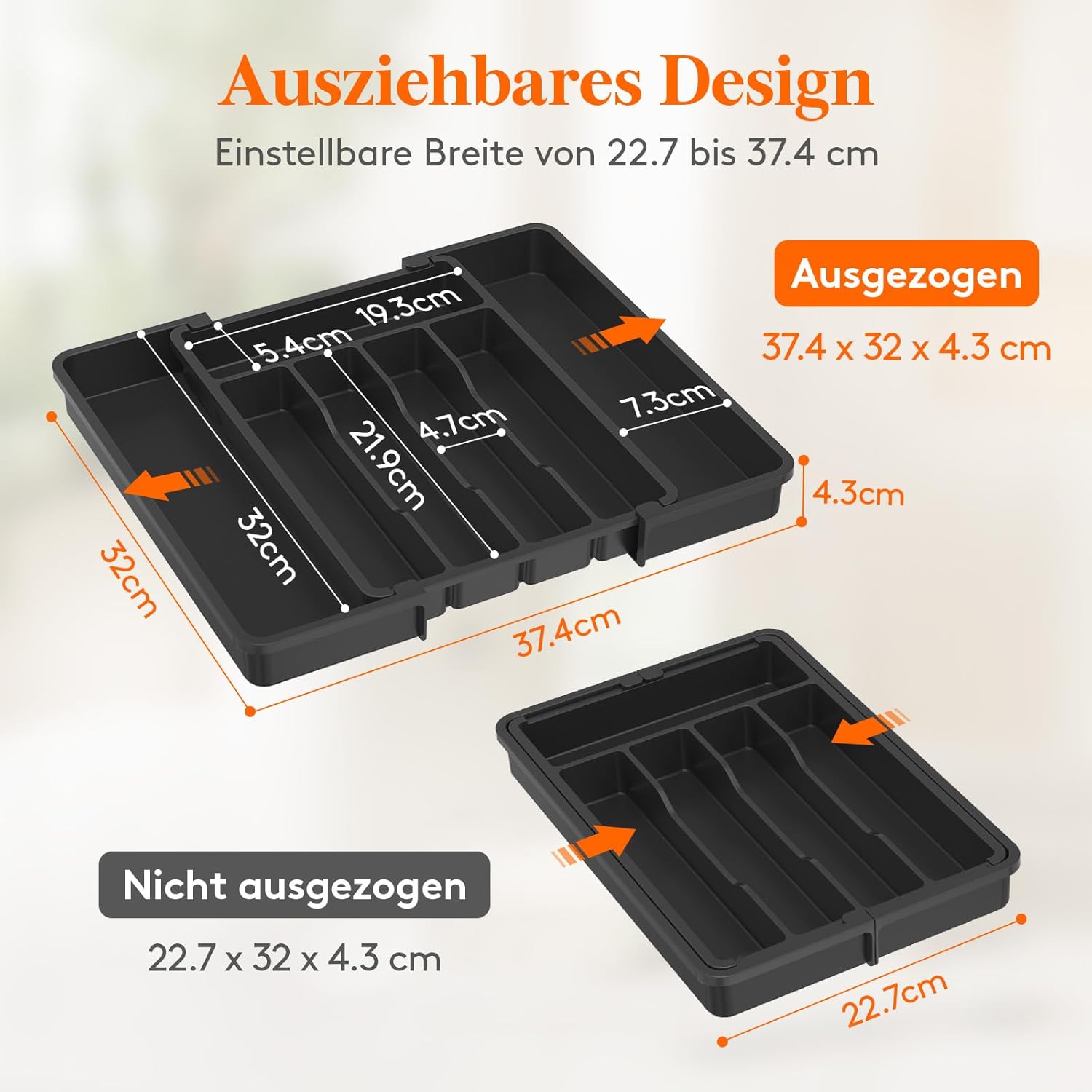 Detalle 2 de Lifewit Besteckkasten für Schublade – verstellbarer Besteckhalter aus PP, Breite flexibel von 22,7 bis 37,4 cm