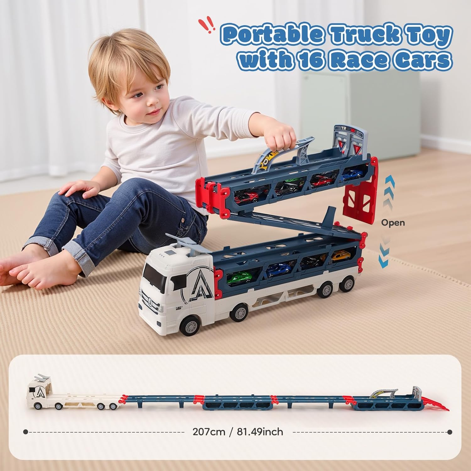 Thumbnail 2 de Qivange 16-Piece Race Car Transport Truck Set (207cm portable track) for toddlers and kids aged 3–7