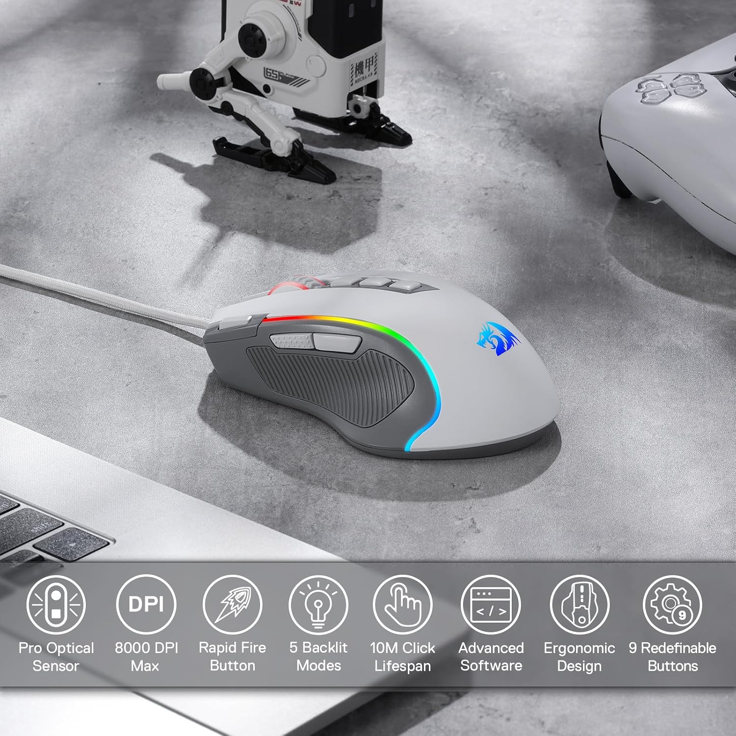 Detalle de Redragon M612 RGB Gaming Maus (kabelgebunden, 8000 DPI, 11 programmierbare Tasten) – Grau & Weiß