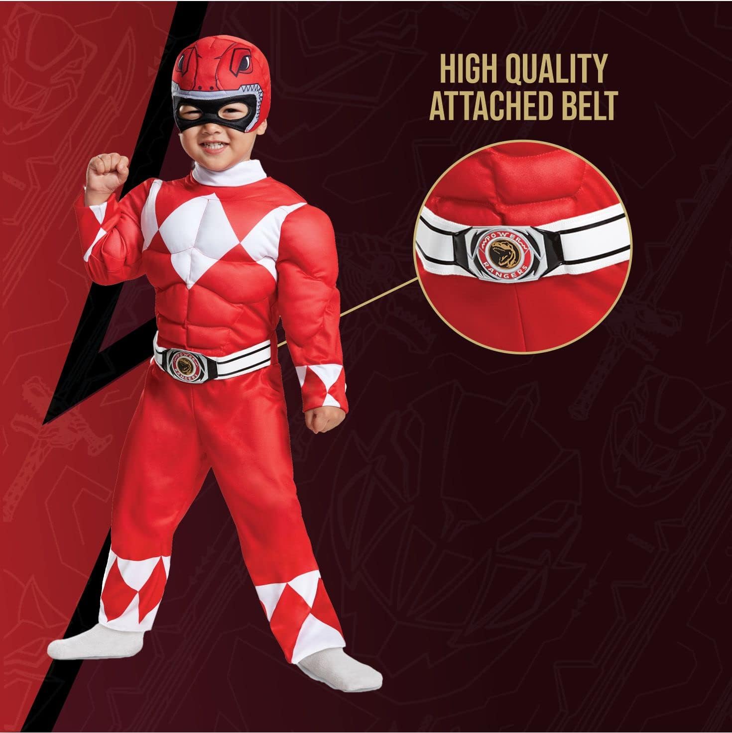 Detalle 2 de Disguise Red Ranger Toddler Muscle Costume, Red Jumpsuit and Soft Headpiece, 3T–4T