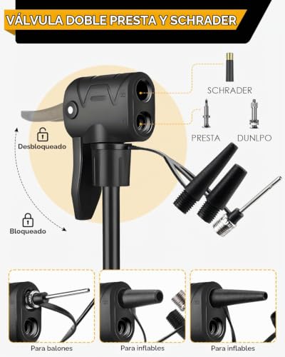 Detalle 1 de VOGORA bomba de bicicleta plegable con manómetro y válvulas Presta y Schrader