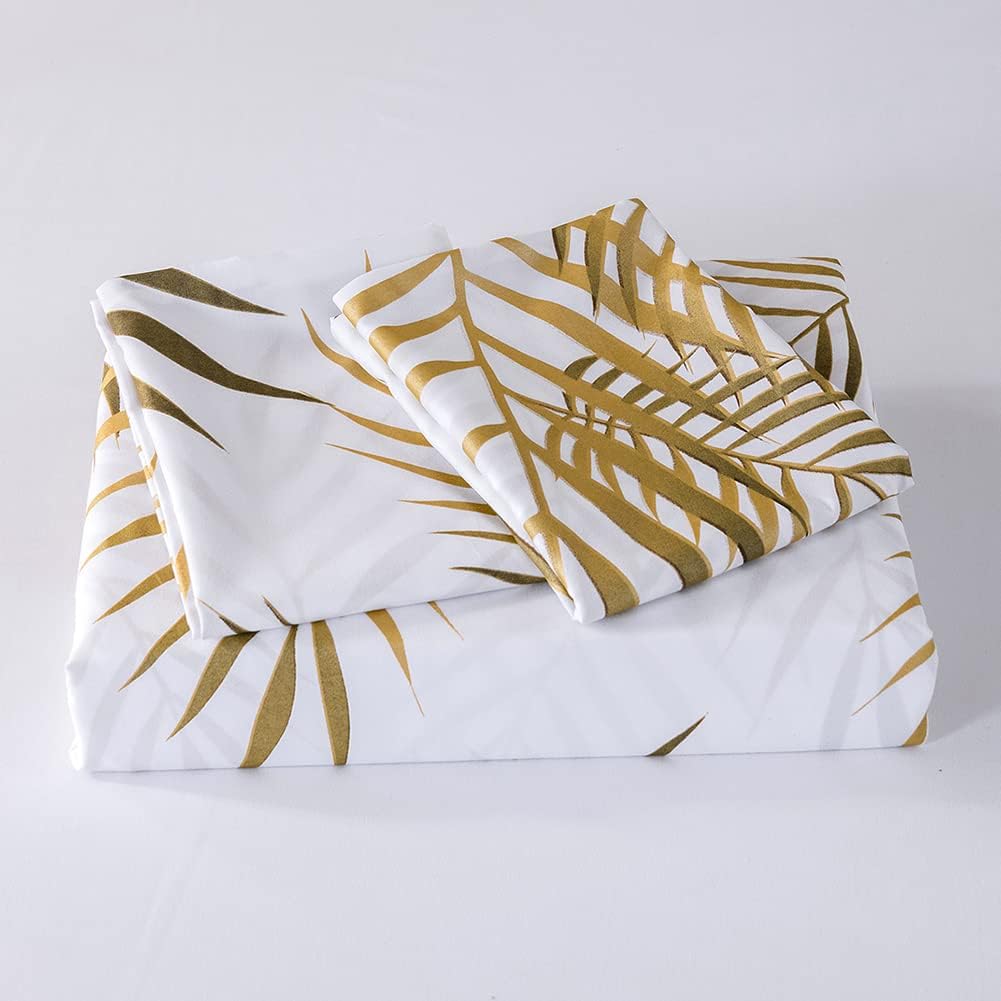 Thumbnail 6 de Michorinee Housse de Couette 200x200 Motif Feuilles de Palmier Tropicales Or et Blanc – Parure de Lit Botanique