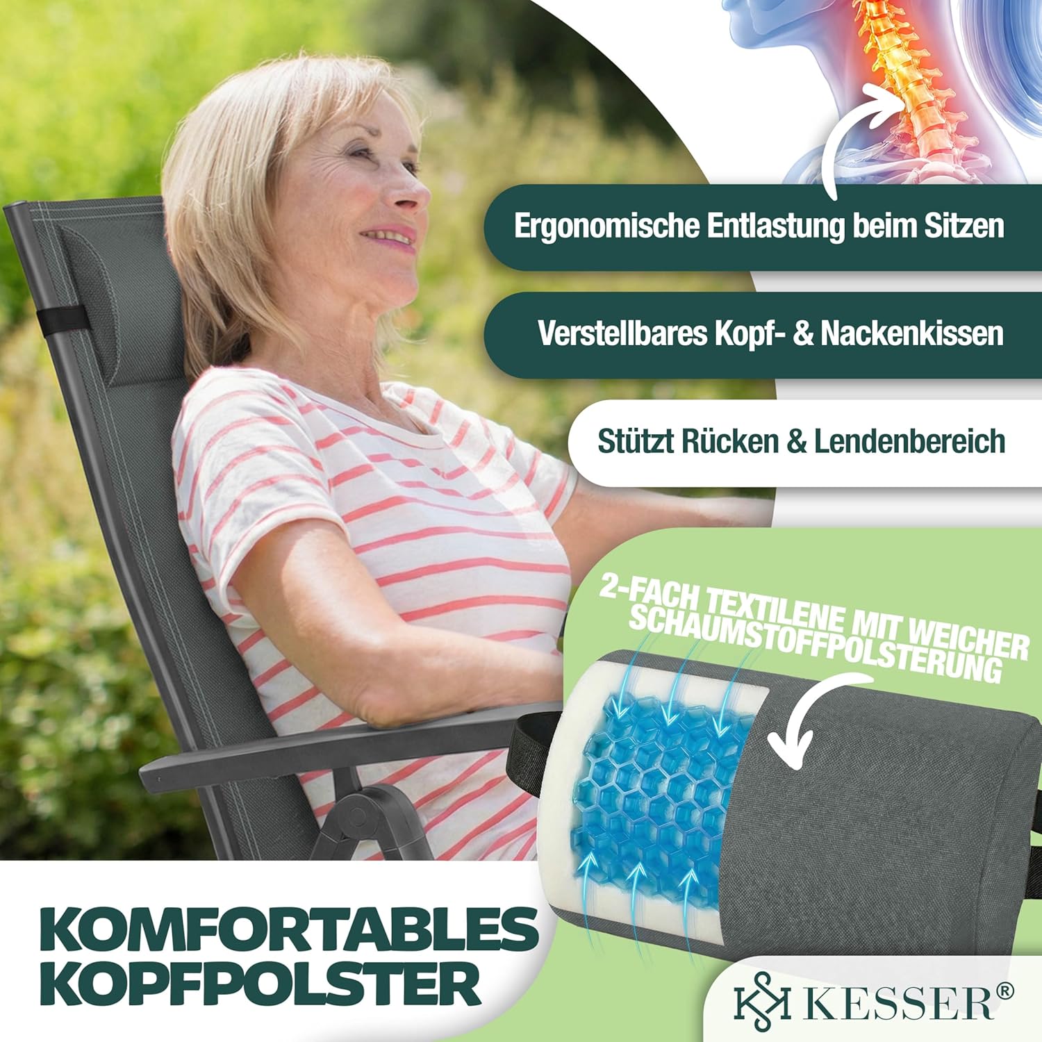 Thumbnail 5 de KESSER Gartenstuhl Hochlehner mit Armlehnen – 2er Set aus Aluminium, Klappstuhl mit Kopfkissen, Abdeckung und 7‑fach verstellbarer Rückenlehne (Anthrazit)