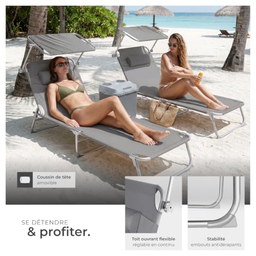 Detalle de tectake Lot de 2 chaises longues pliables 190x68x111 cm – réglables 4 positions, pare-soleil et appui-tête (gris)