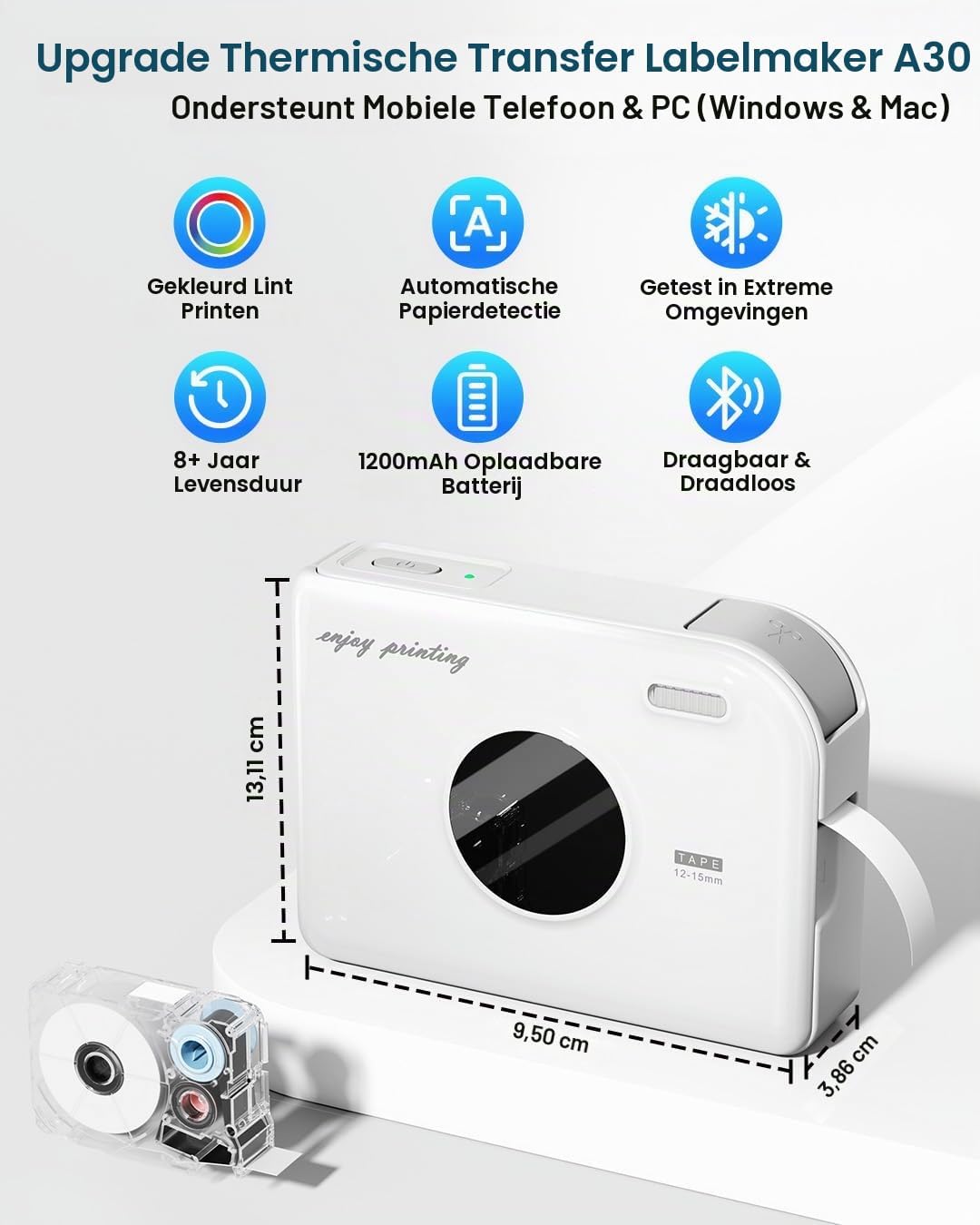 Detalle 1 de Phomemo A30-WH-4 labelprinter met Bluetooth en textiellabels