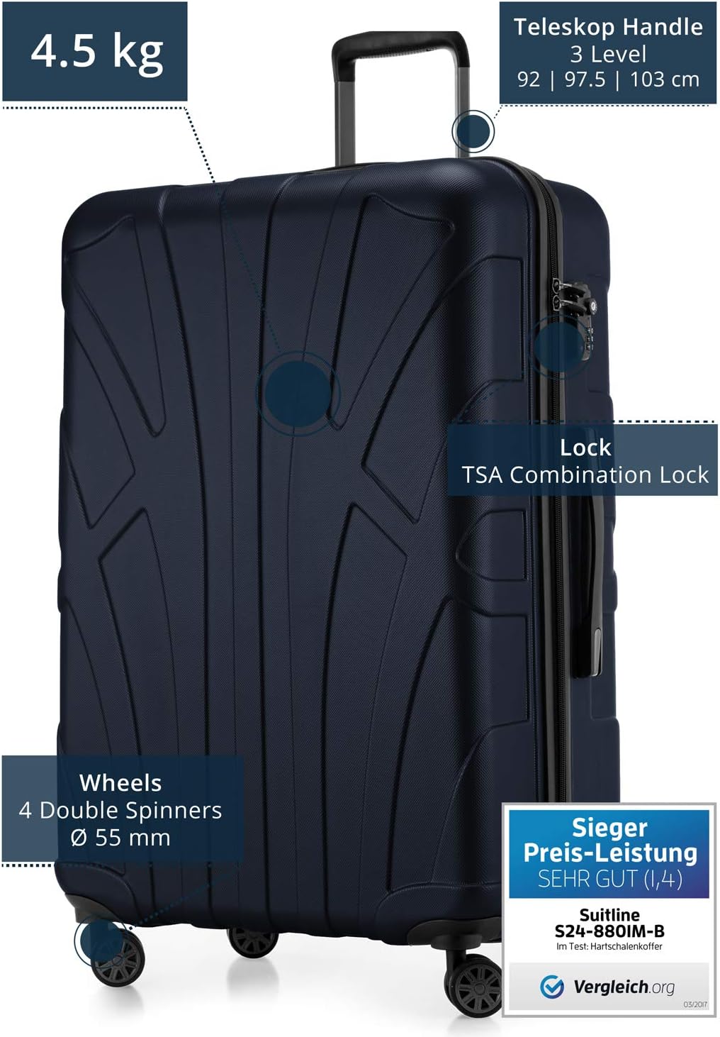 Detalle de Suitline Großer Hartschalen-Koffer 76 cm – TSA-Kombi, ABS matt, Dunkelblau, 96–110 L